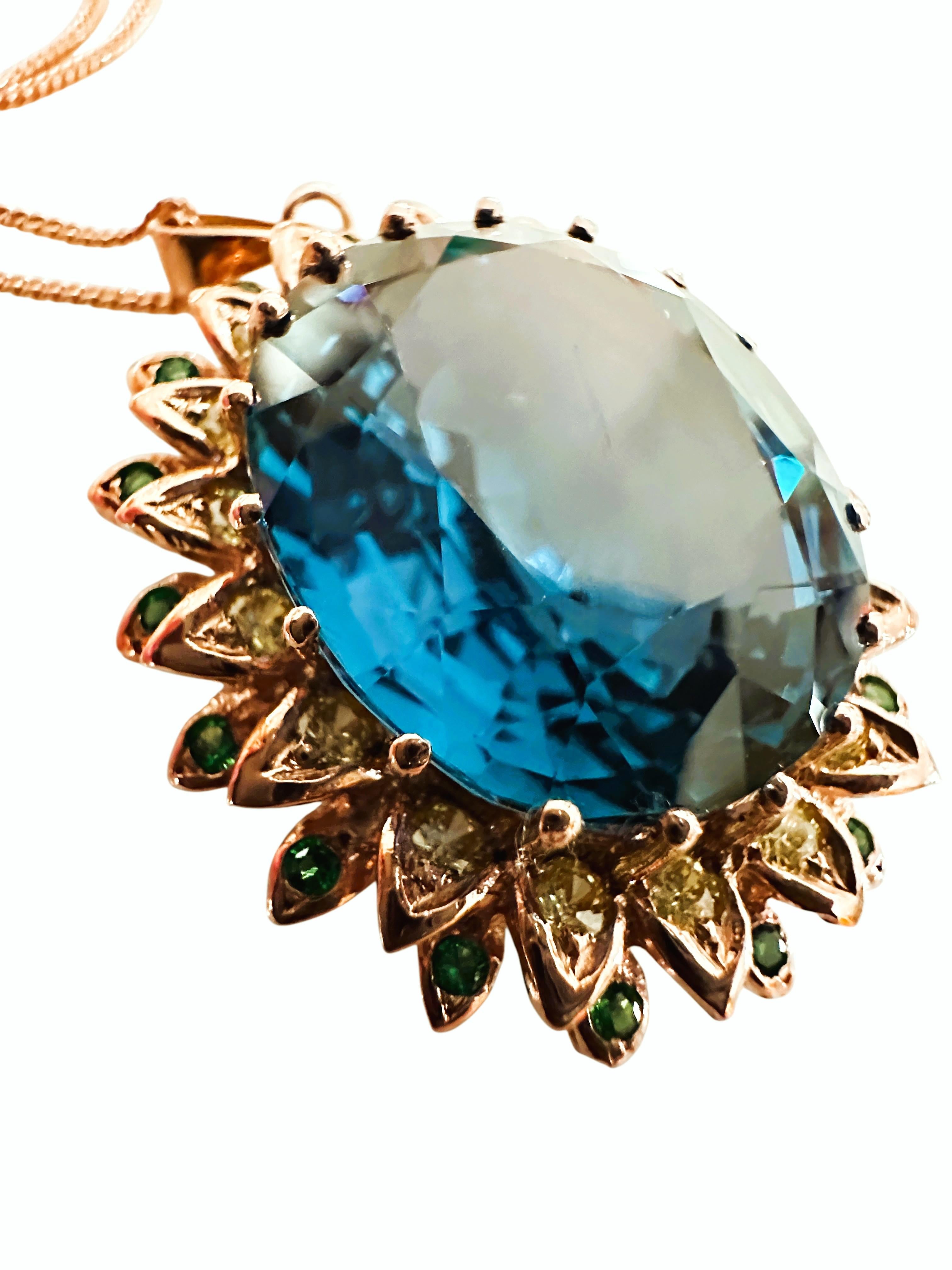 Neu 44 Karat Londoner Blautopas & Diamantschliff Saphir R Gold P Sterling Halskette 14