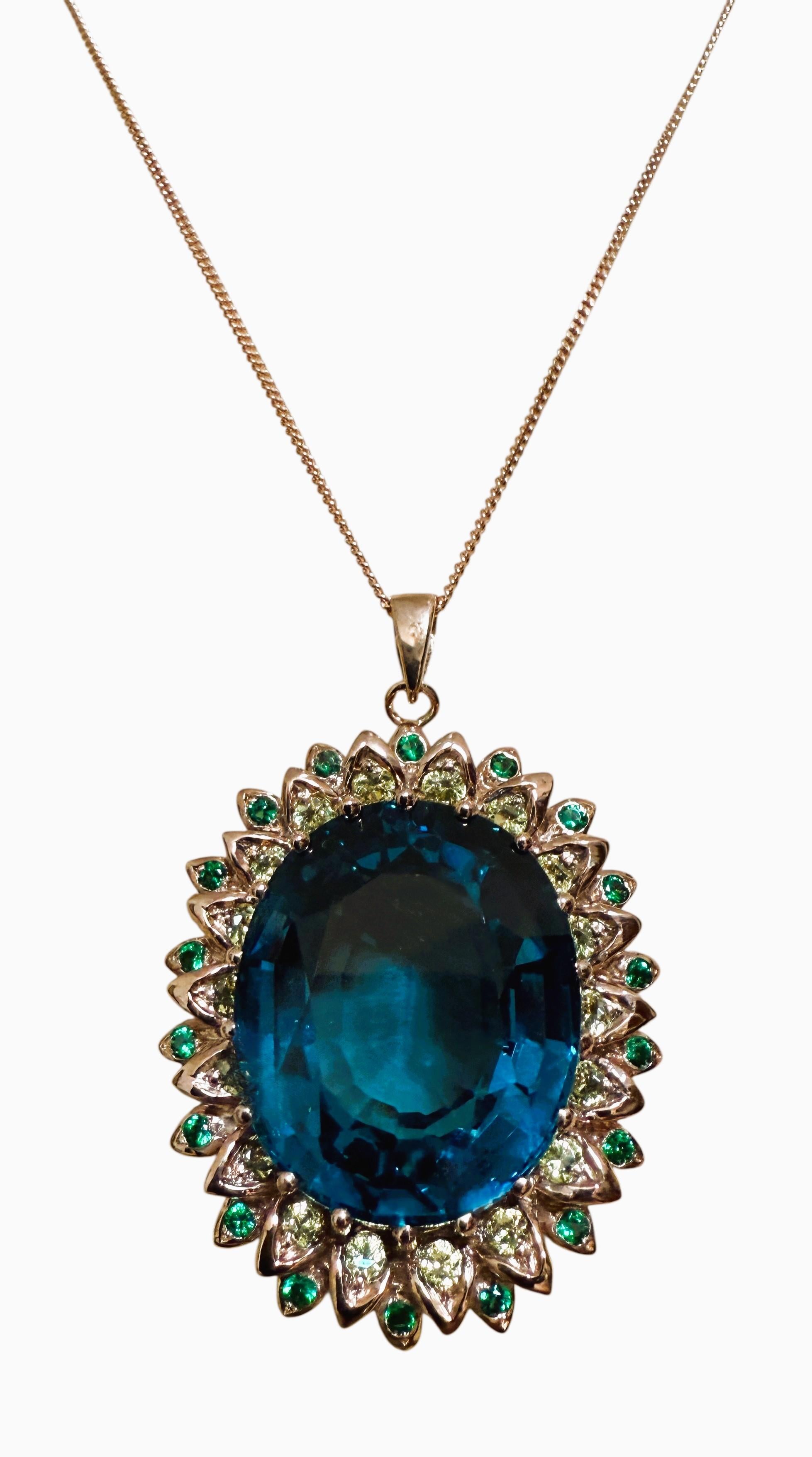 Neu 44 Karat Londoner Blautopas & Diamantschliff Saphir R Gold P Sterling Halskette im Zustand „Neu“ in Eagan, MN
