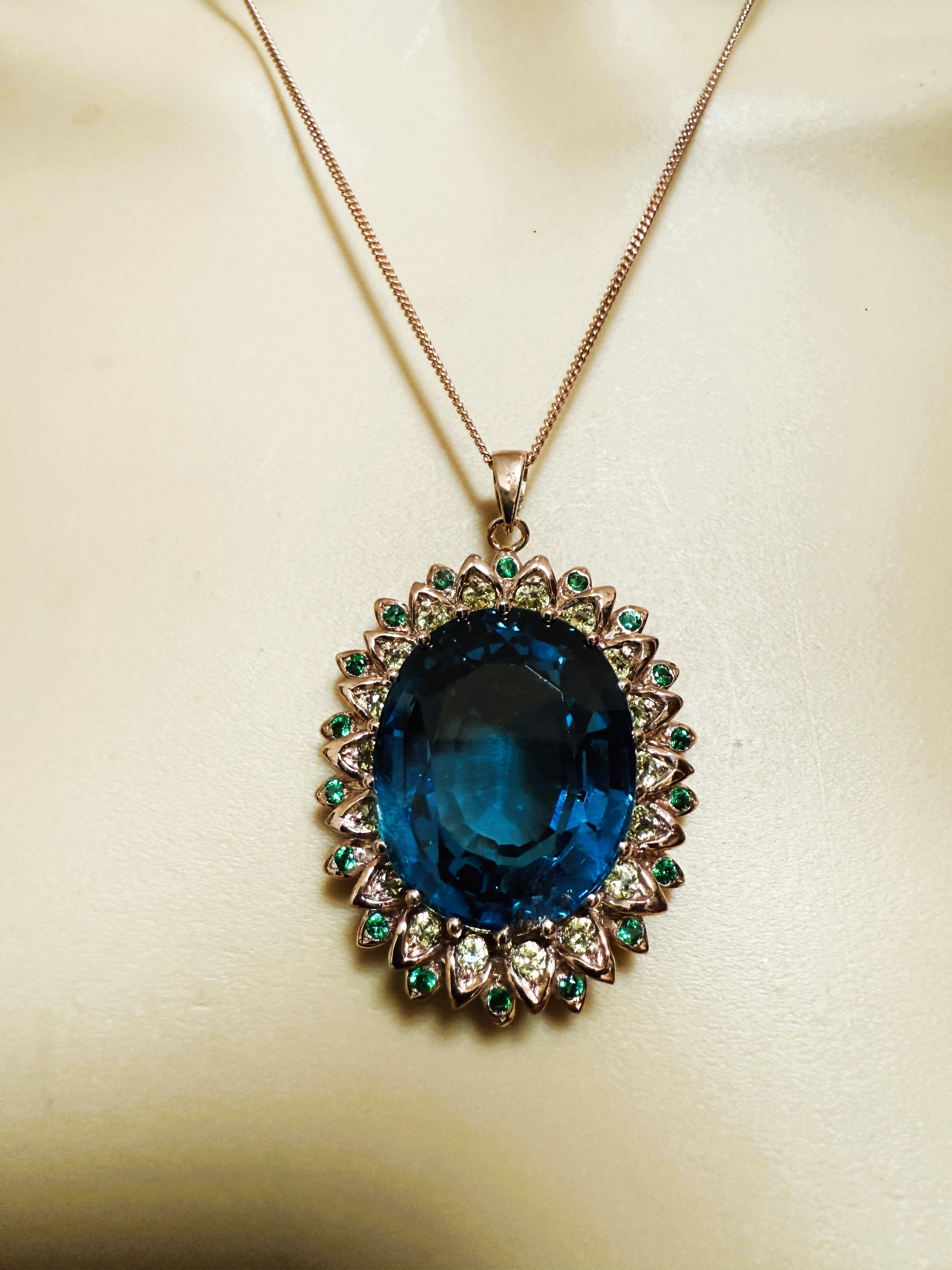 Neu 44 Karat Londoner Blautopas & Diamantschliff Saphir R Gold P Sterling Halskette Damen