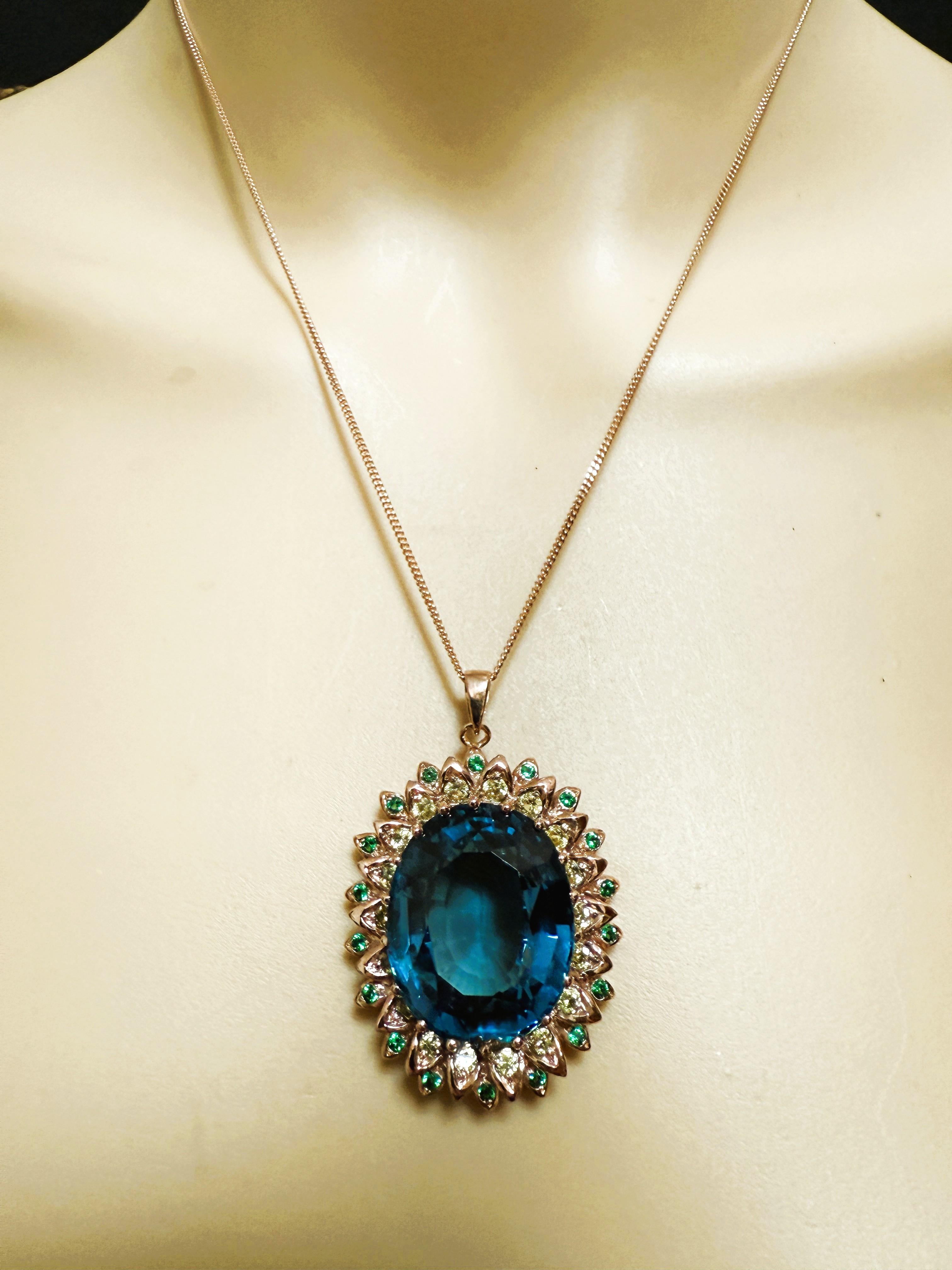 Neu 44 Karat Londoner Blautopas & Diamantschliff Saphir R Gold P Sterling Halskette 1