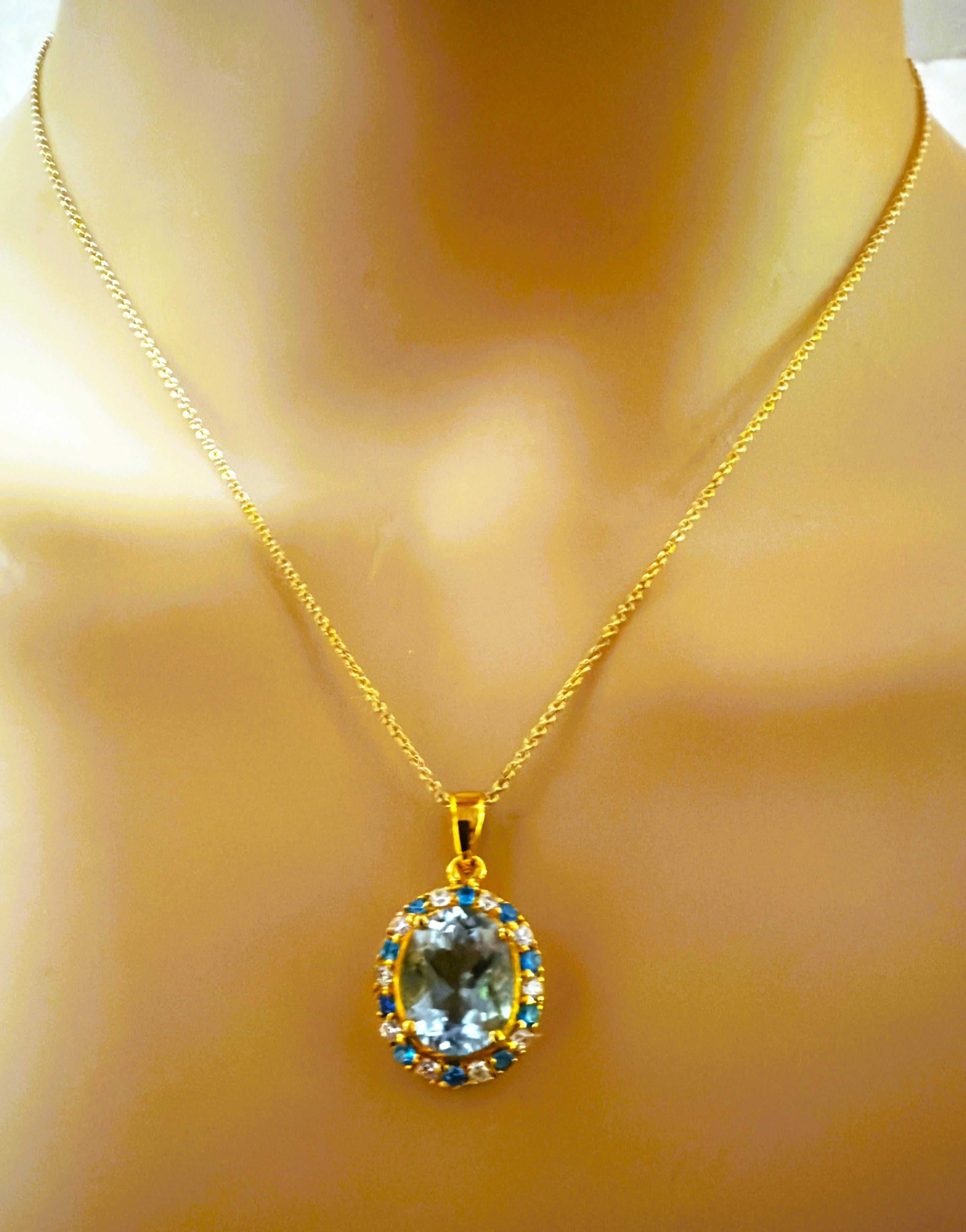 Neu 4,5 Karat Aquamarin & Diamantschliff Saphir Y Gold PL Sterling Halskette 18