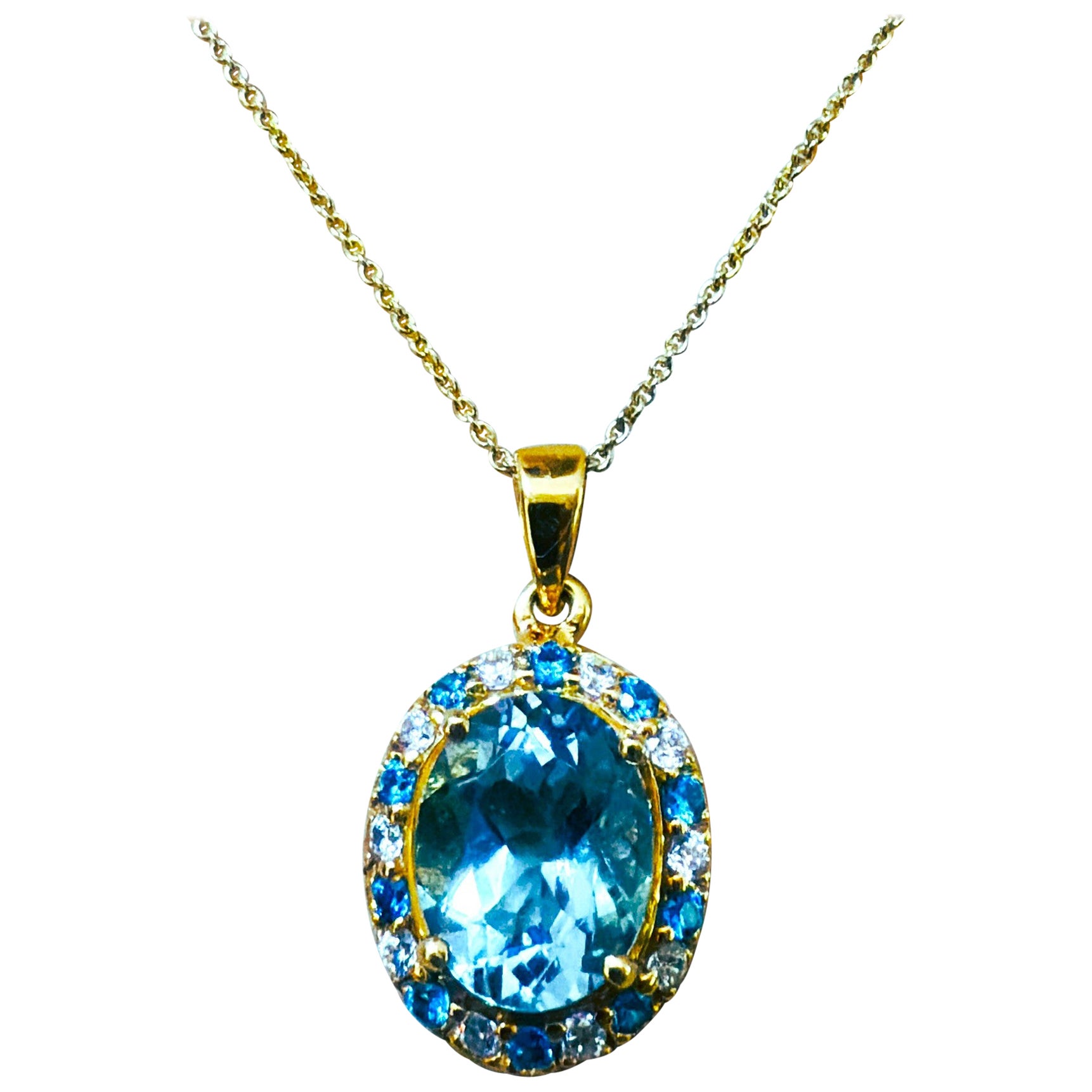 Neu 4,5 Karat Aquamarin & Diamantschliff Saphir Y Gold PL Sterling Halskette 18" im Angebot