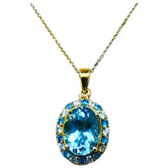 New 4.5 Carat Aquamarine & Diamond Cut Sapphire Y Gold PL Sterling Necklace 18"