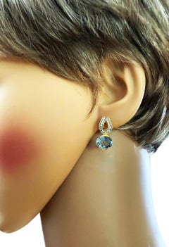 &New boucles d'oreilles en or jaune 24 carats et argent sterling PL, ornées d'une aigue-marine et d'un saphir de 4,55 carats