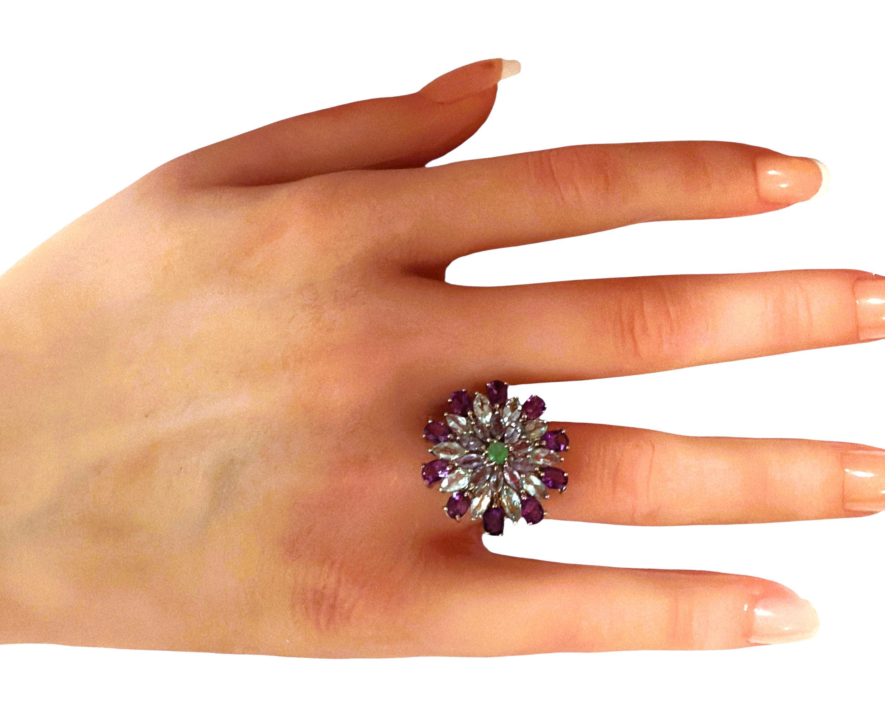 Art Deco New 4.6 Carat Amethyst, Aquamarine, Sapphire & Emerald Sterling Silver Ring For Sale