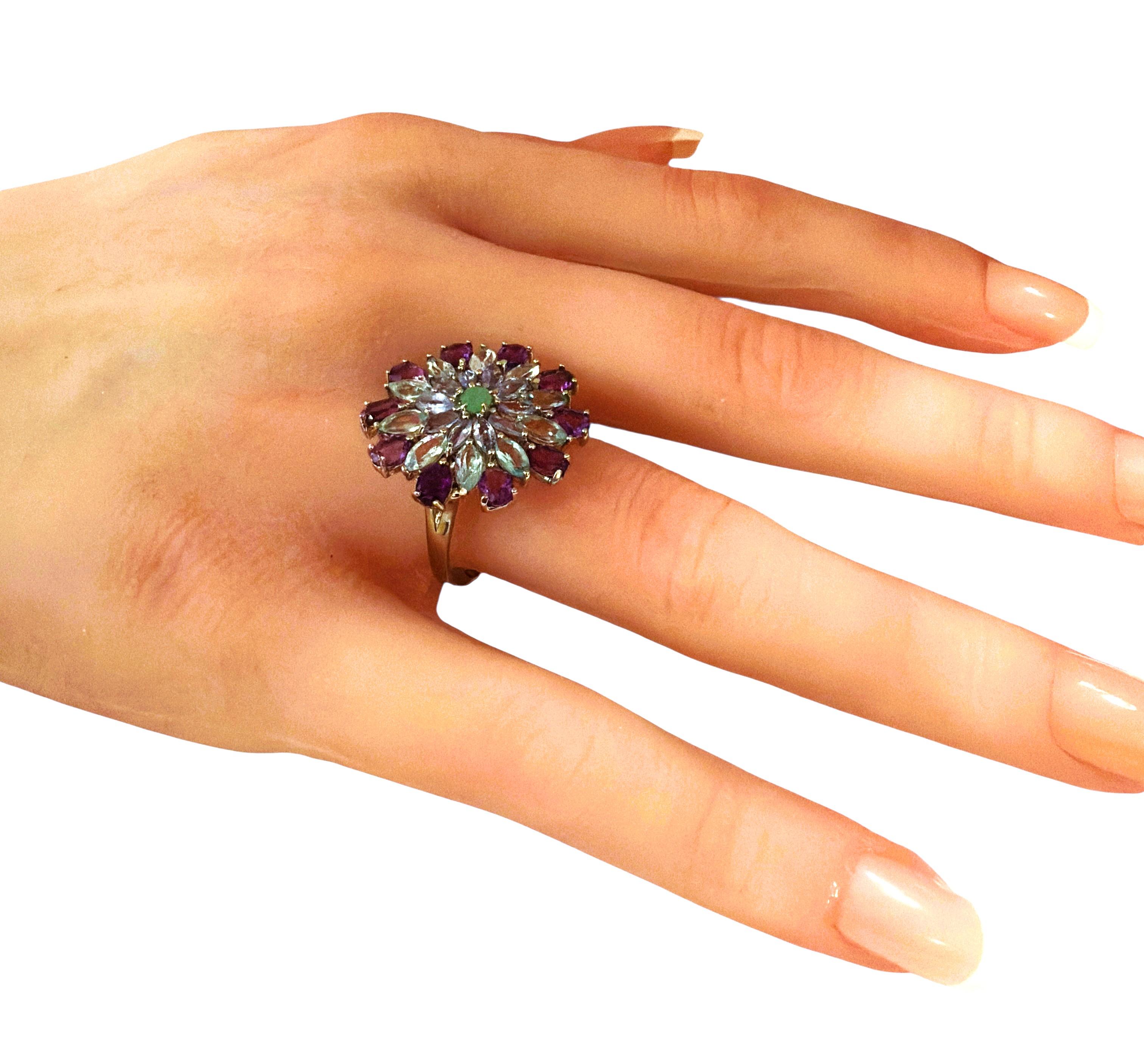 Pear Cut New 4.6 Carat Amethyst, Aquamarine, Sapphire & Emerald Sterling Silver Ring For Sale