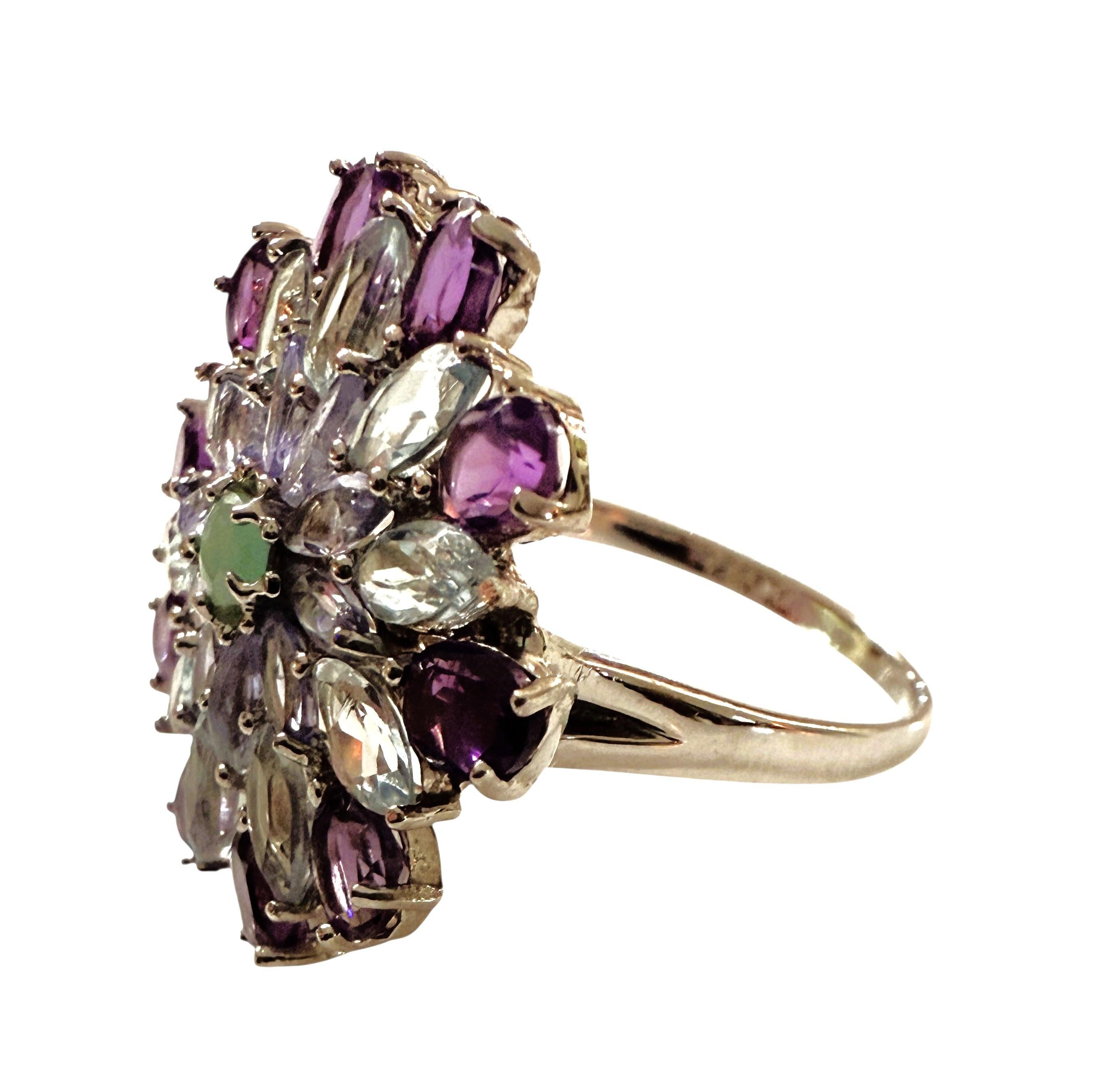 Women's New 4.6 Carat Amethyst, Aquamarine, Sapphire & Emerald Sterling Silver Ring For Sale