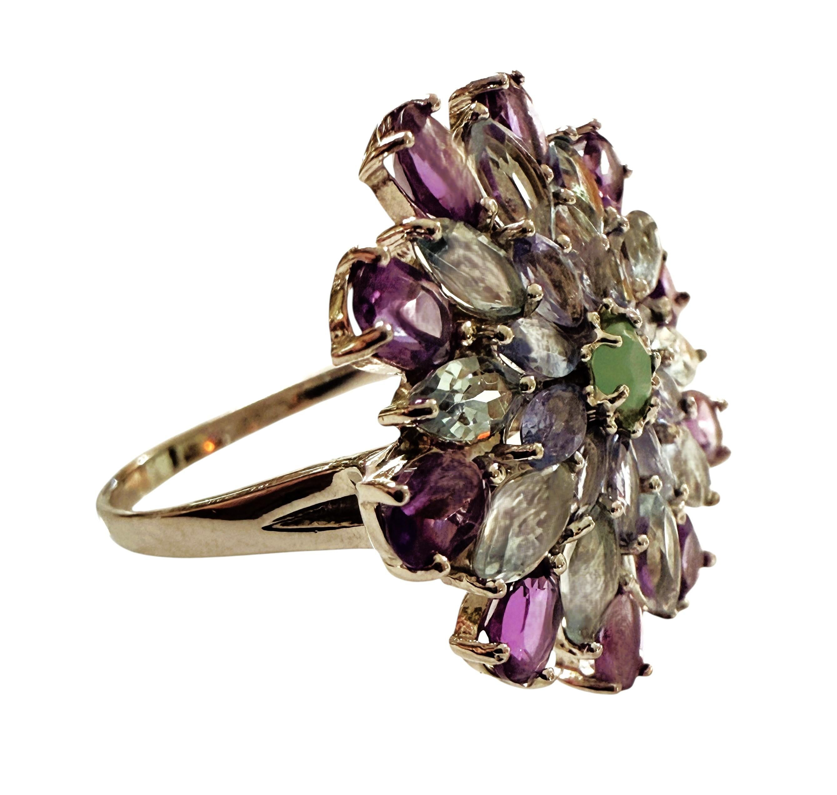 New 4.6 Carat Amethyst, Aquamarine, Sapphire & Emerald Sterling Silver Ring For Sale 1