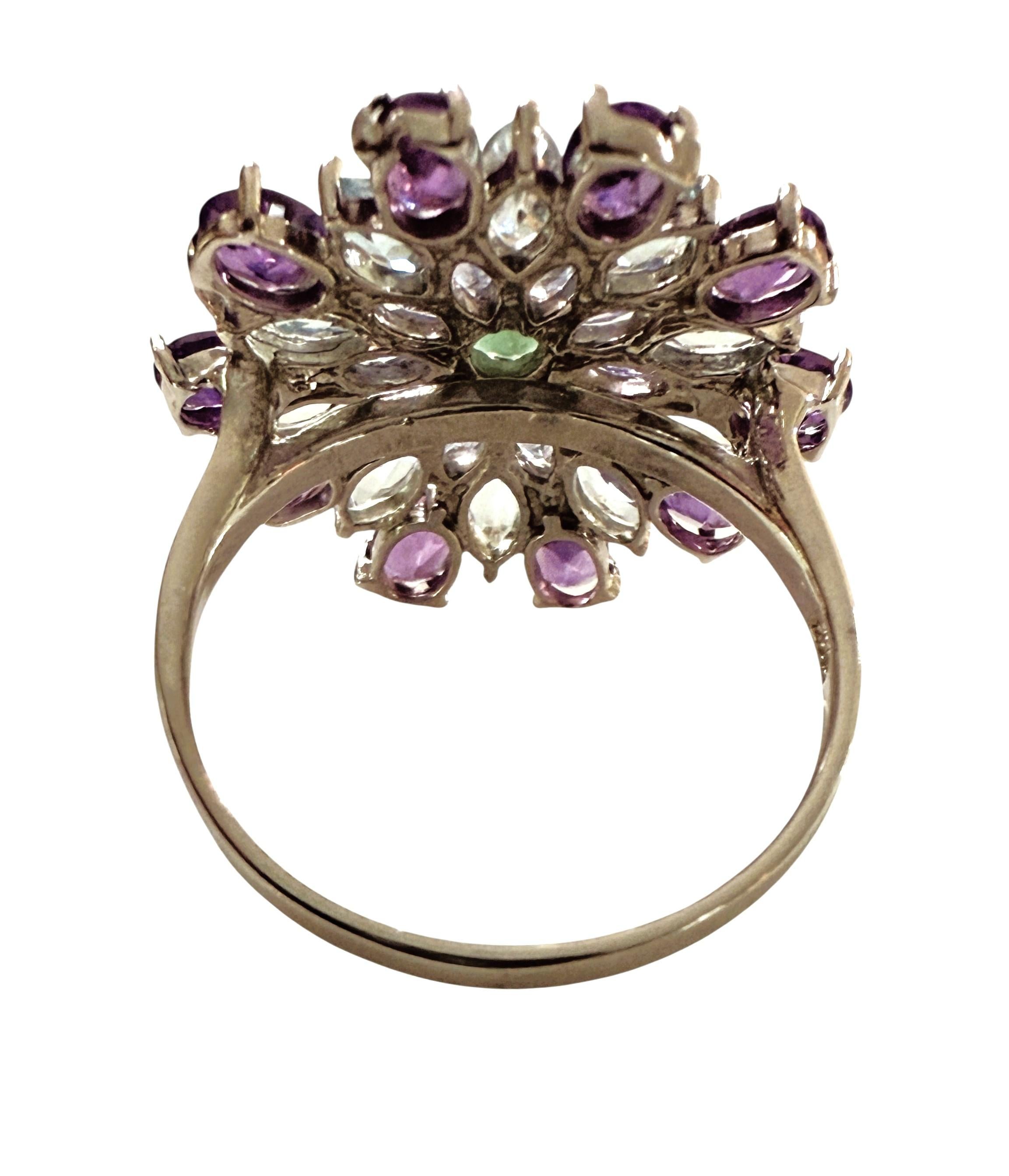 New 4.6 Carat Amethyst, Aquamarine, Sapphire & Emerald Sterling Silver Ring For Sale 2