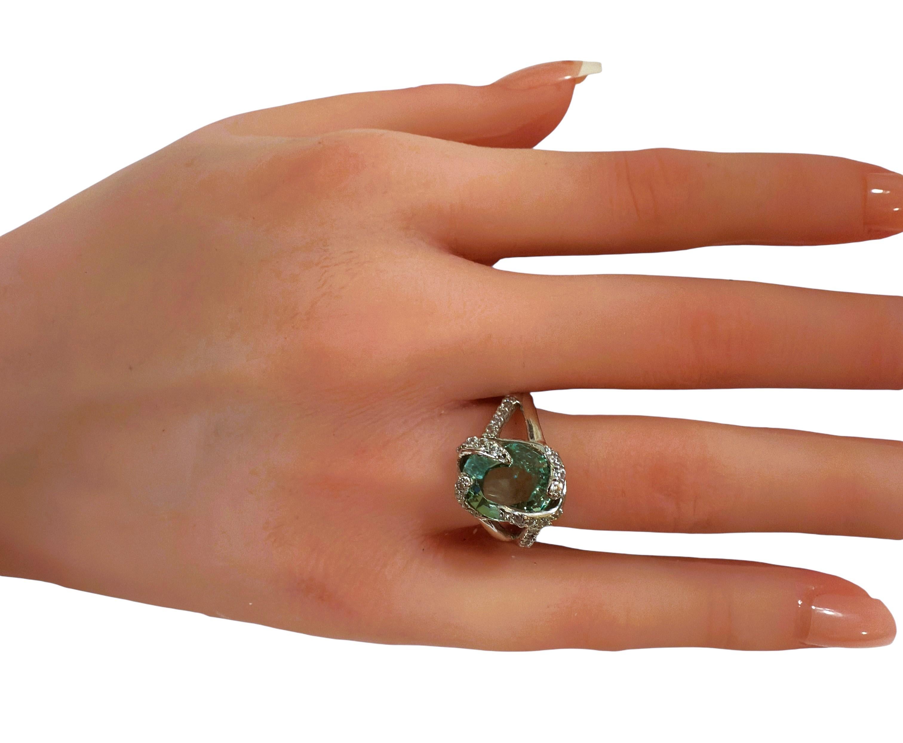 Neu 4,68 Karat Blauer Grüner Paraiba Turmalin & Saphir mit Diamantschliff Sterling Ring im Angebot 3