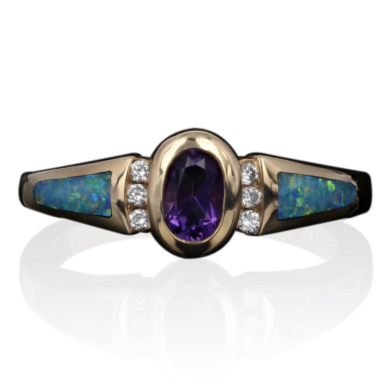 Oval Cut .46 Carat Oval Brilliant Amethyst, Opal, and Diamond Kabana Ring, 14 Karat Gold