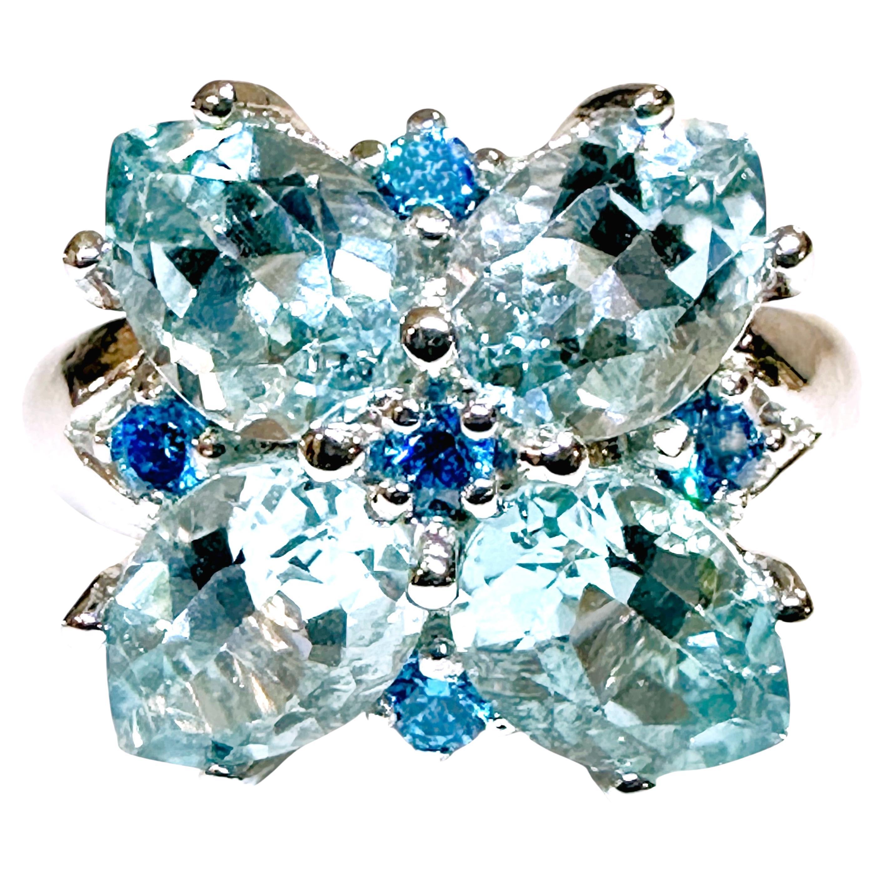 New 4.70 Carat Sea Blue Aquamarine 
Diamond Cut Neon Sapphire Sterling Ring