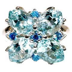 New 4.70 Carat Sea Blue Aquamarine & Diamond Cut Neon Sapphire Sterling Ring
