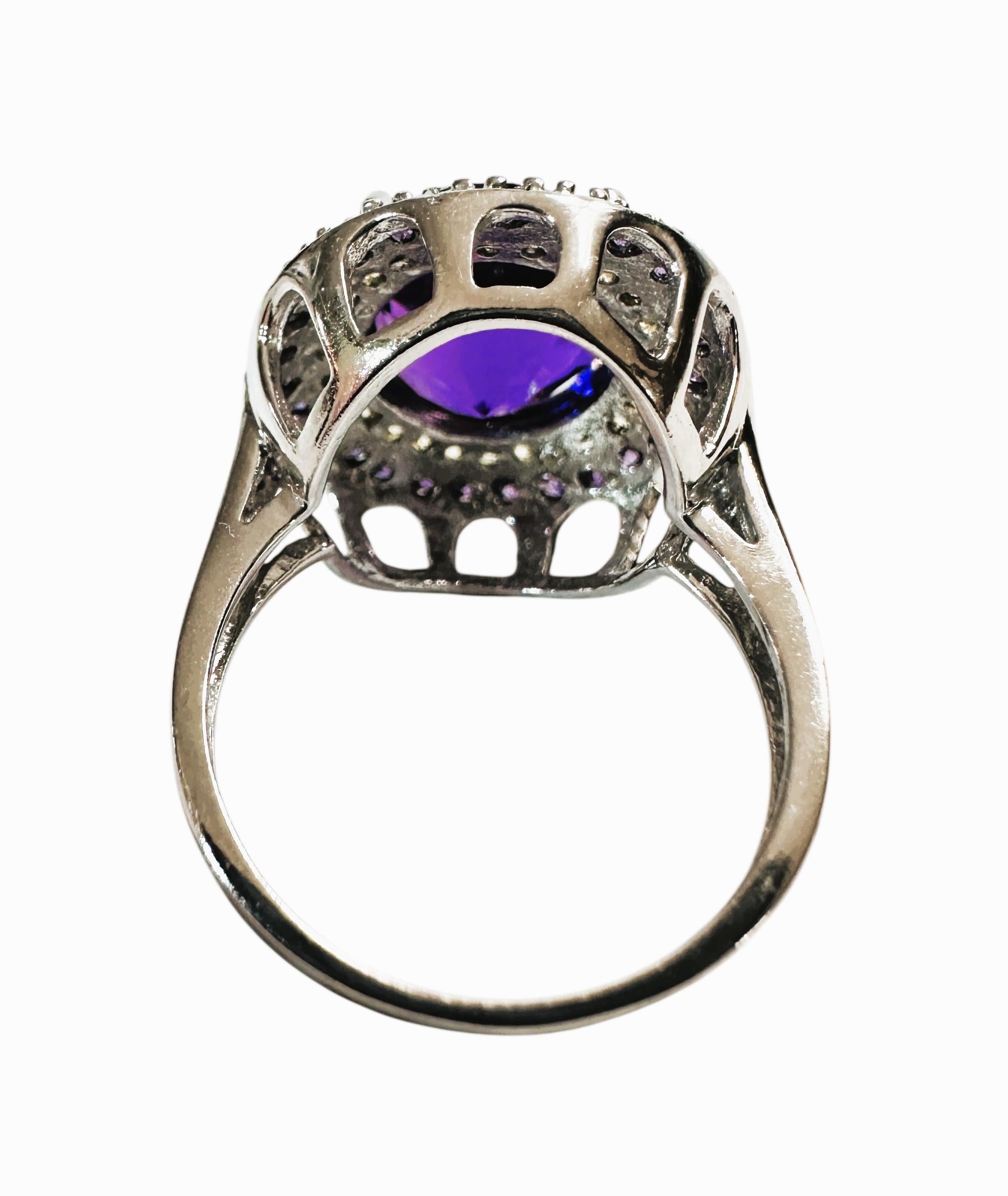 Art Deco New 4.75 Carat Purple Amethyst & Diamond Cut Sapphire Sterling Ring For Sale