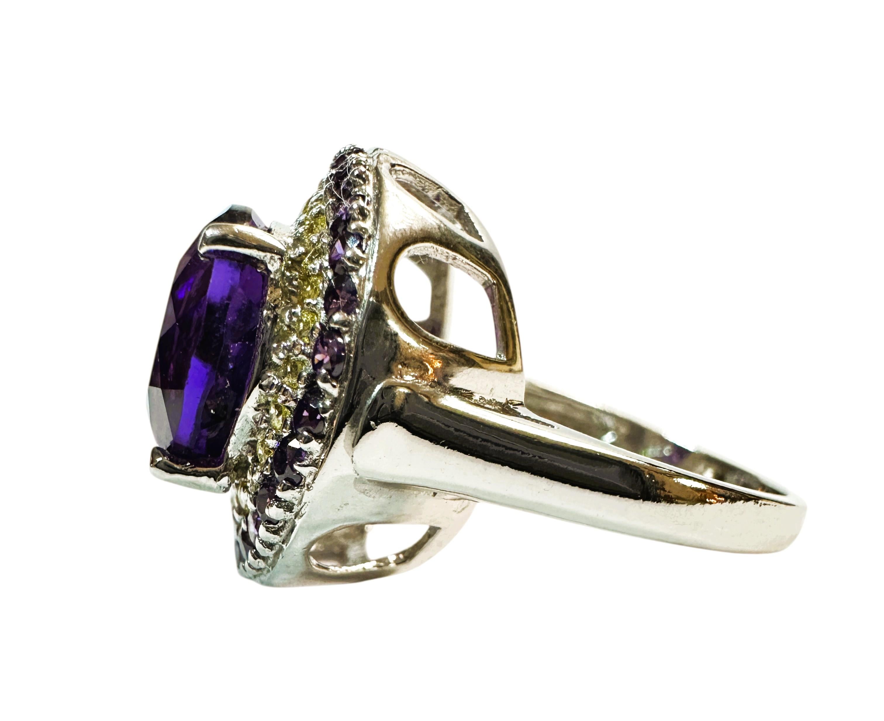 New 4.75 Carat Purple Amethyst & Diamond Cut Sapphire Sterling Ring For Sale 1