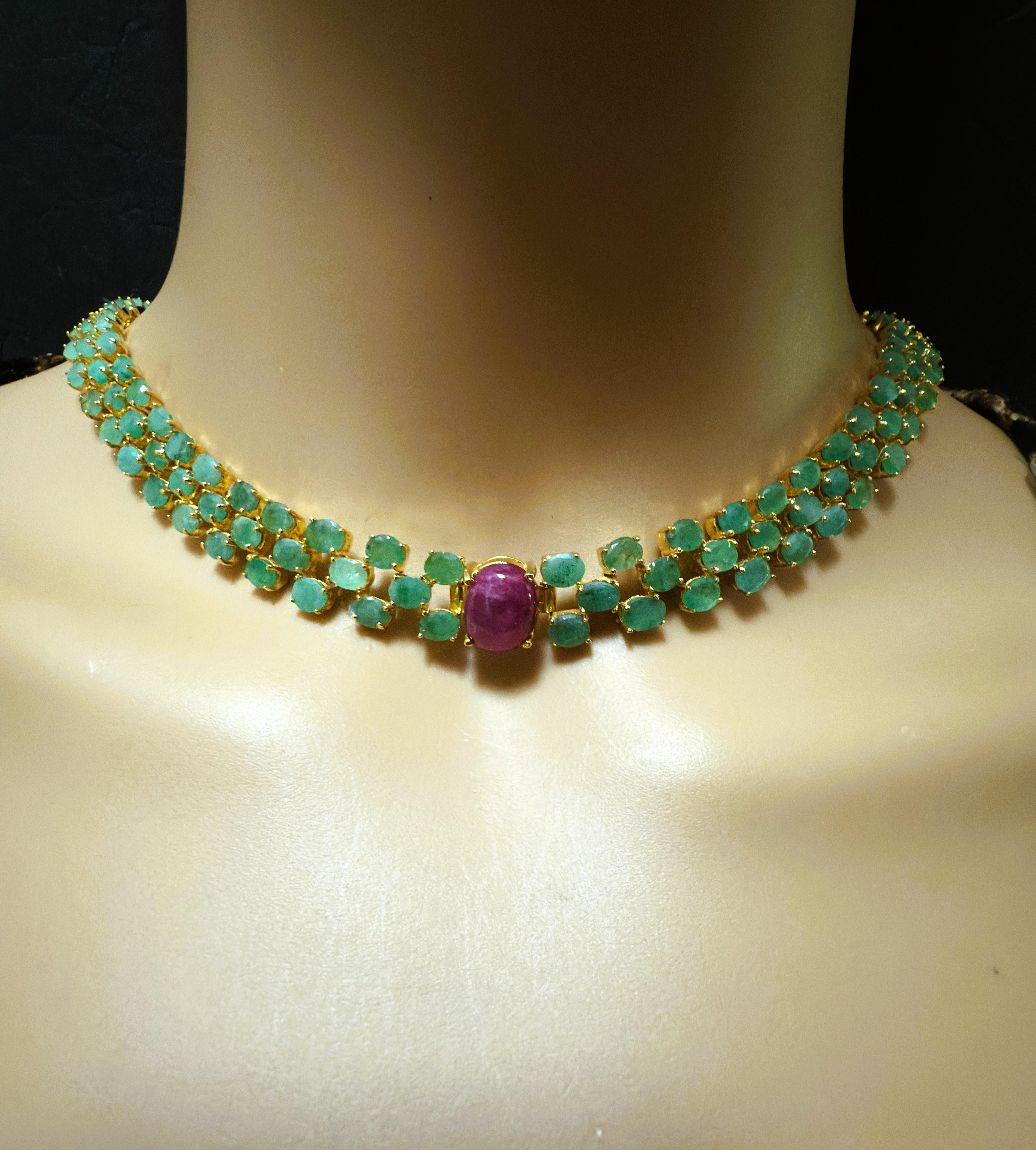 Donna New 47,7 Carat Emerald & 2,54 Carat Ruby Y Gold PL Sterling Silver Necklace in vendita