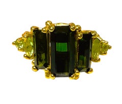 New 4.85 Carat Baguette Cut Tourmaline & Peridot 14k Y Gold PL Sterling Ring
