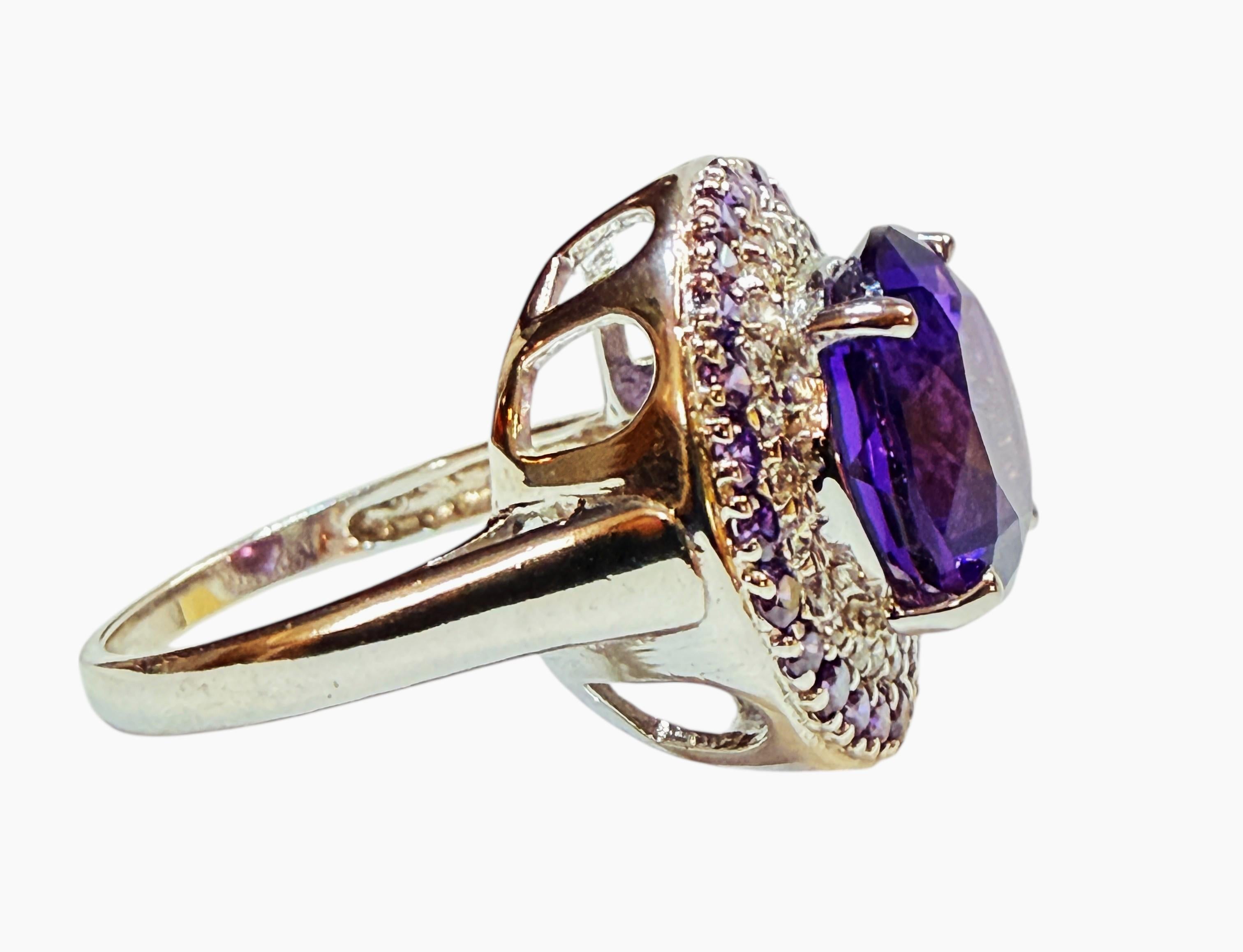  New 5.06 Carat Amethyst & Diamond Cut Sapphire Sterling Ring Size 7 Pour femmes 