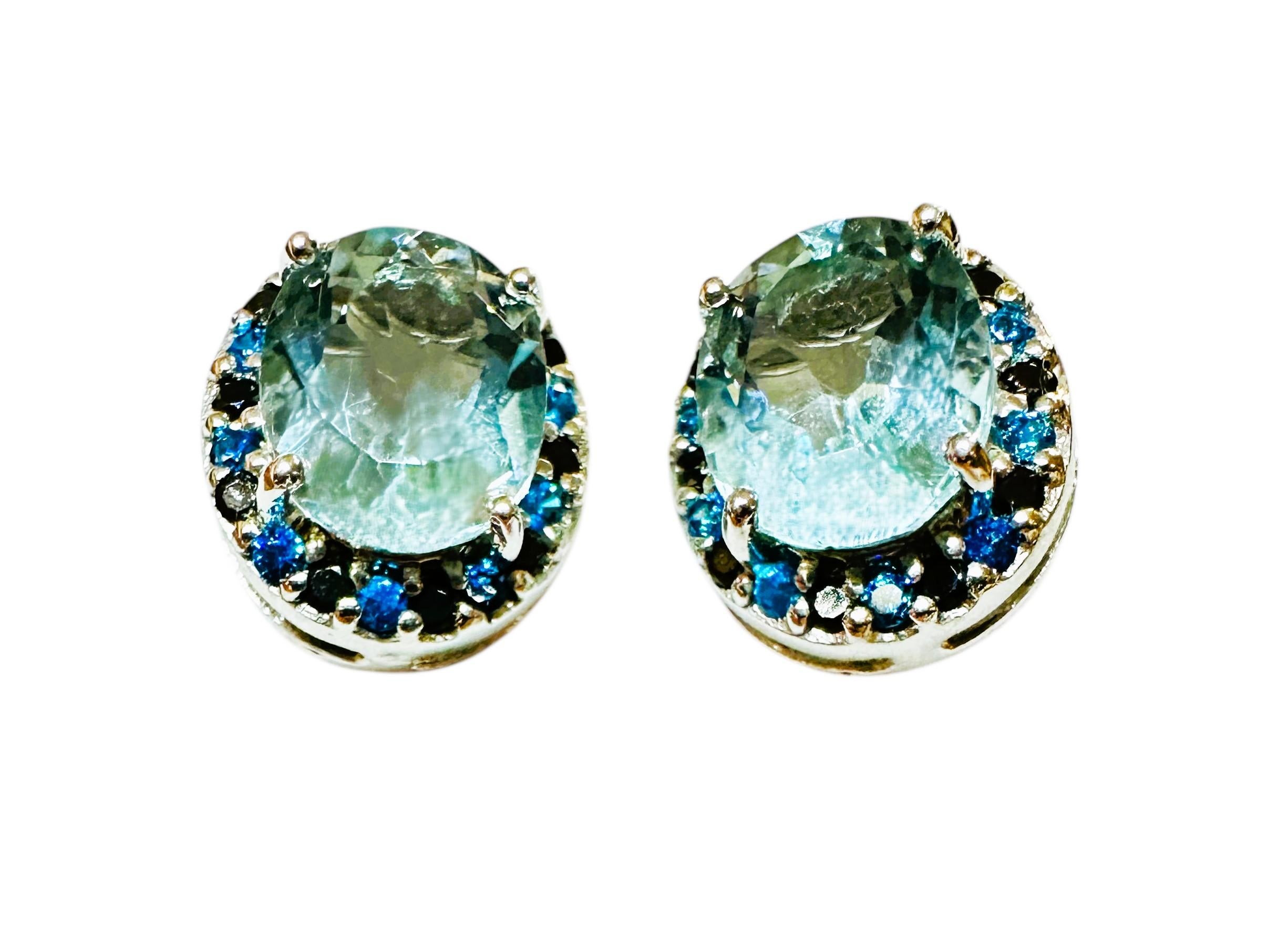 Oval Cut New 5 Carat Artic Aquamarine & Diamond Cut Sapphire Sterling Earrings