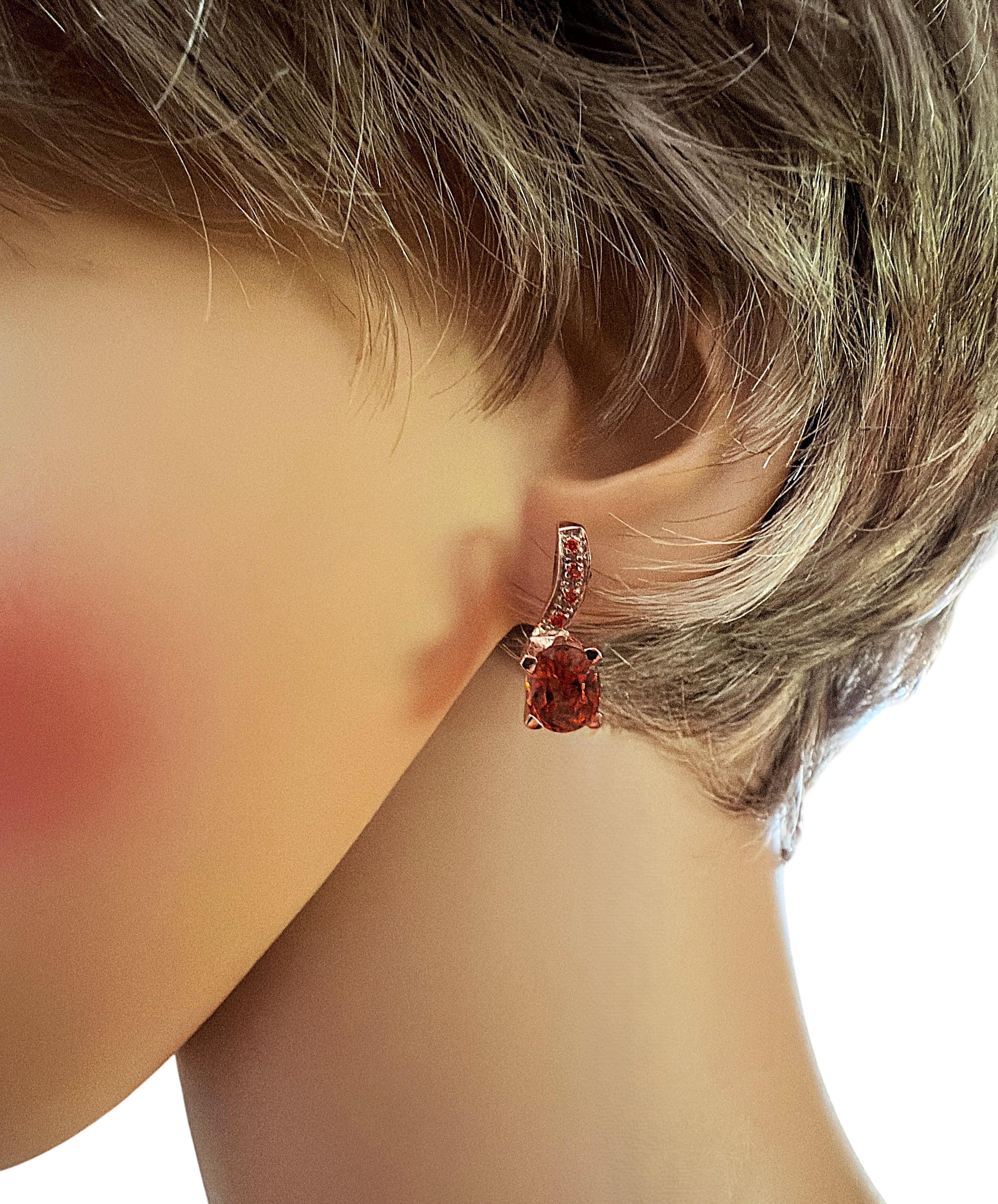 New 5 Carat Oval & Diamond Cut Sunset Orange Sapphire Rose Gold Sterling Earring For Sale 2
