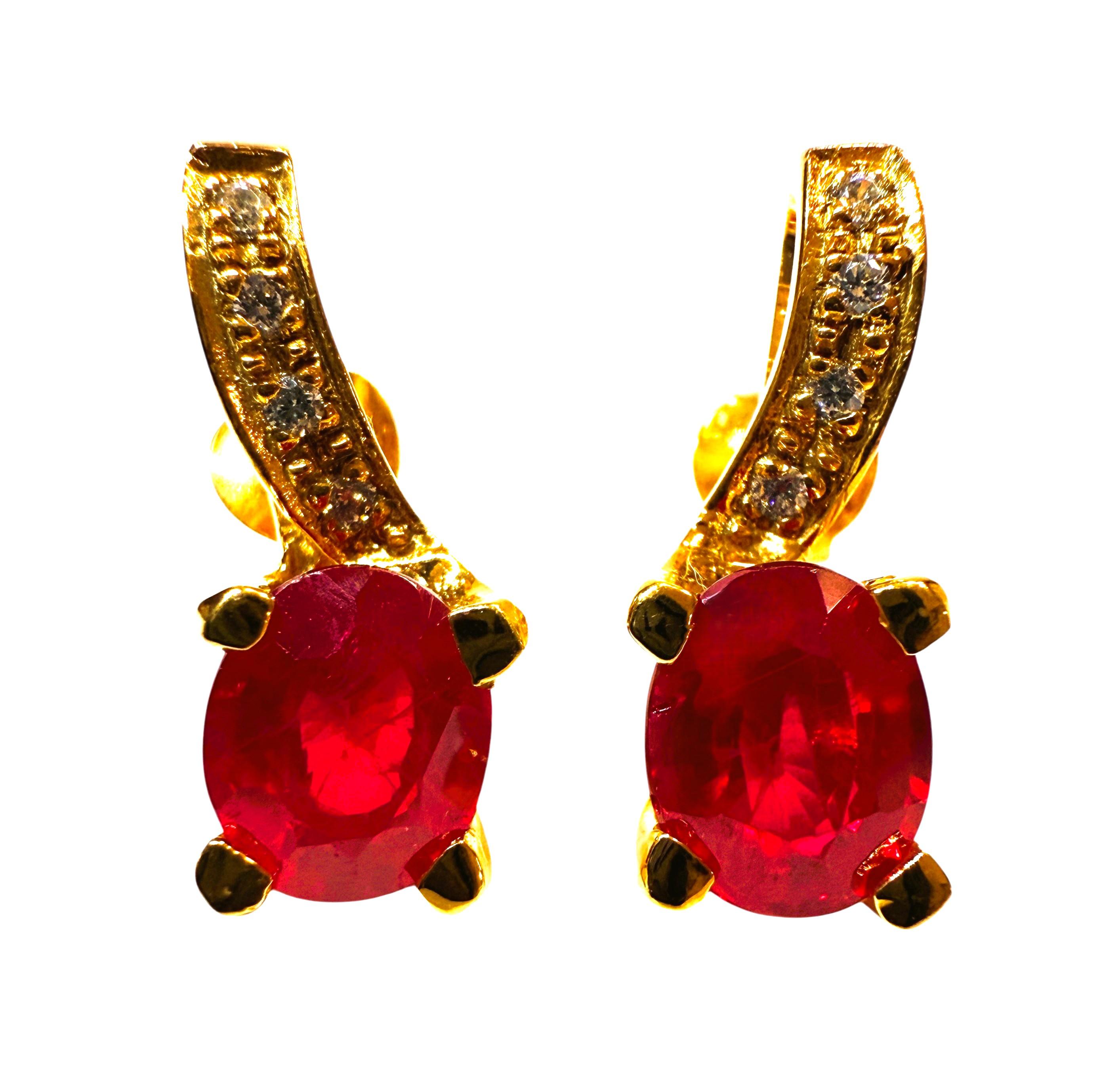New 5 Carat Red Sapphire & Diamond Cut Sapphire Yellow Gold PL Sterling Earring For Sale 1