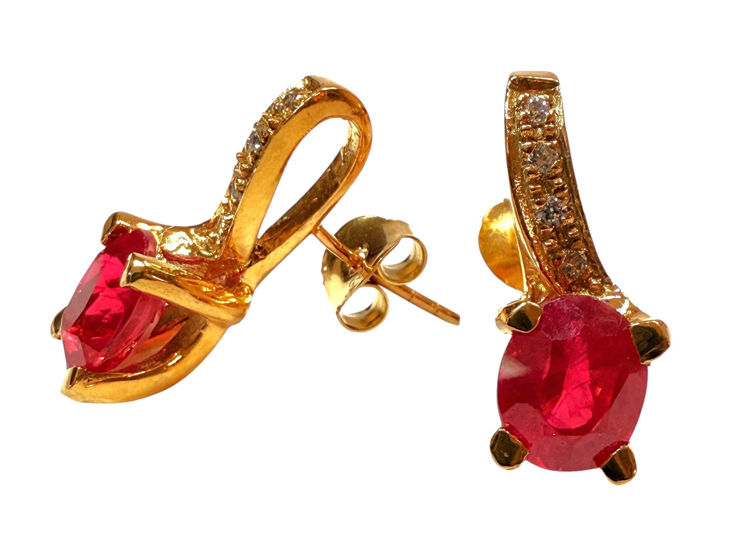 New 5 Carat Red Sapphire & Diamond Cut Sapphire Yellow Gold PL Sterling Earring For Sale 2