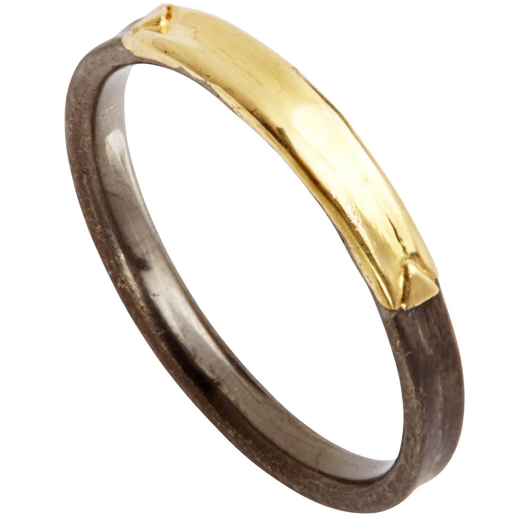 Contemporary 14 Karat Yellow Gold Oxidized Silver Wedding Band Ring For Sale