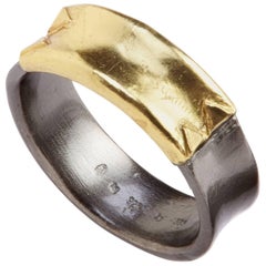 Band Ring, 14 Karat Yellow Gold Oxidized Sterling Silver