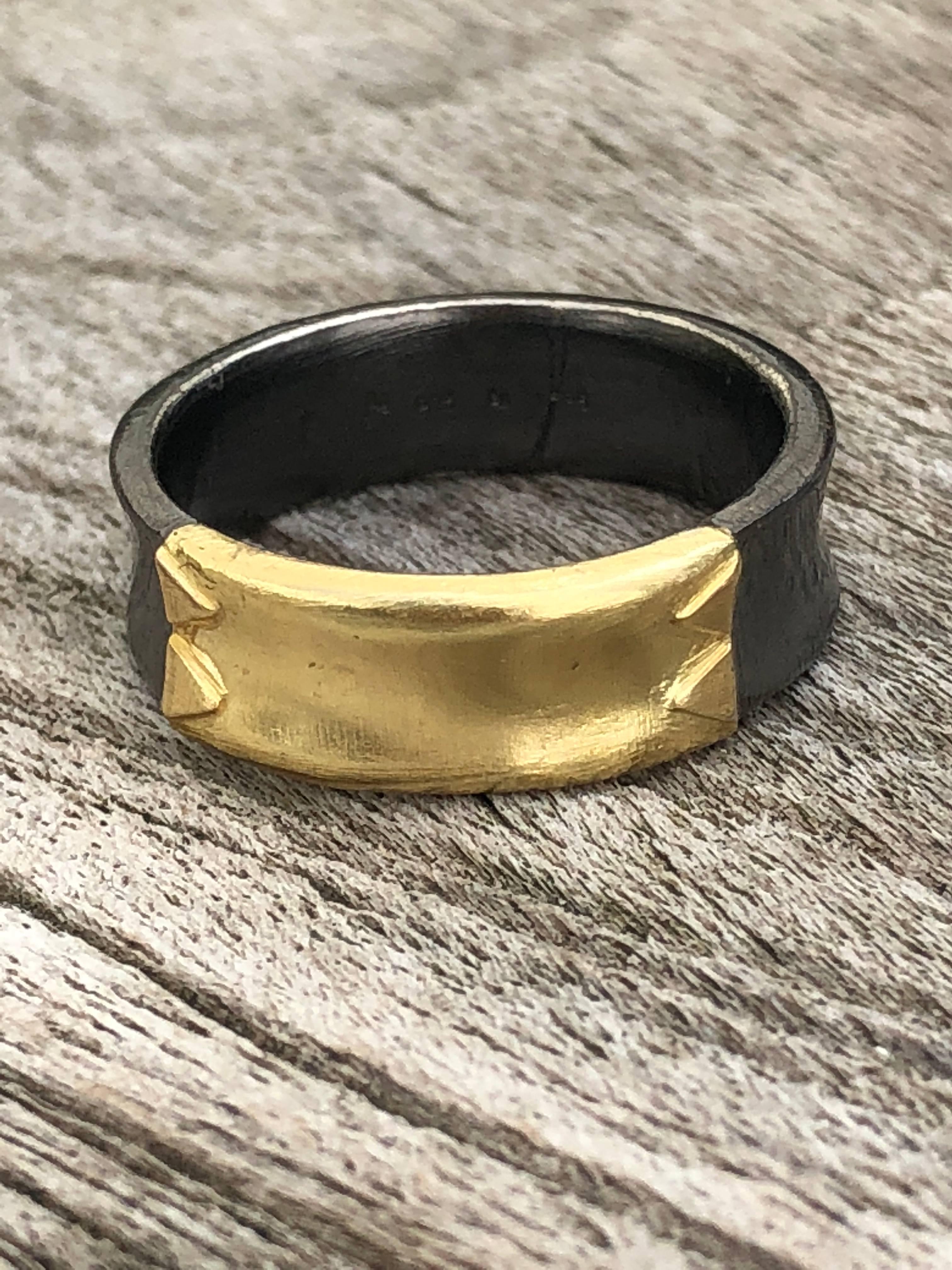 Women's Band Ring, 14 Karat Yellow Gold Oxidized Sterling Silver For Sale