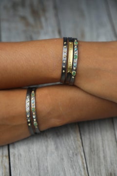 Bangle Bracelet, Diamonds 14 Karat Gold Oxidized Sterling Silver