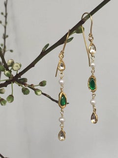 Dangle Earrings, Diamonds, Emerald and Pearls 14 Karat Gold