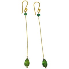 Dangle Earrings, Emerald, Green Tourmaline, 14 Karat Gold