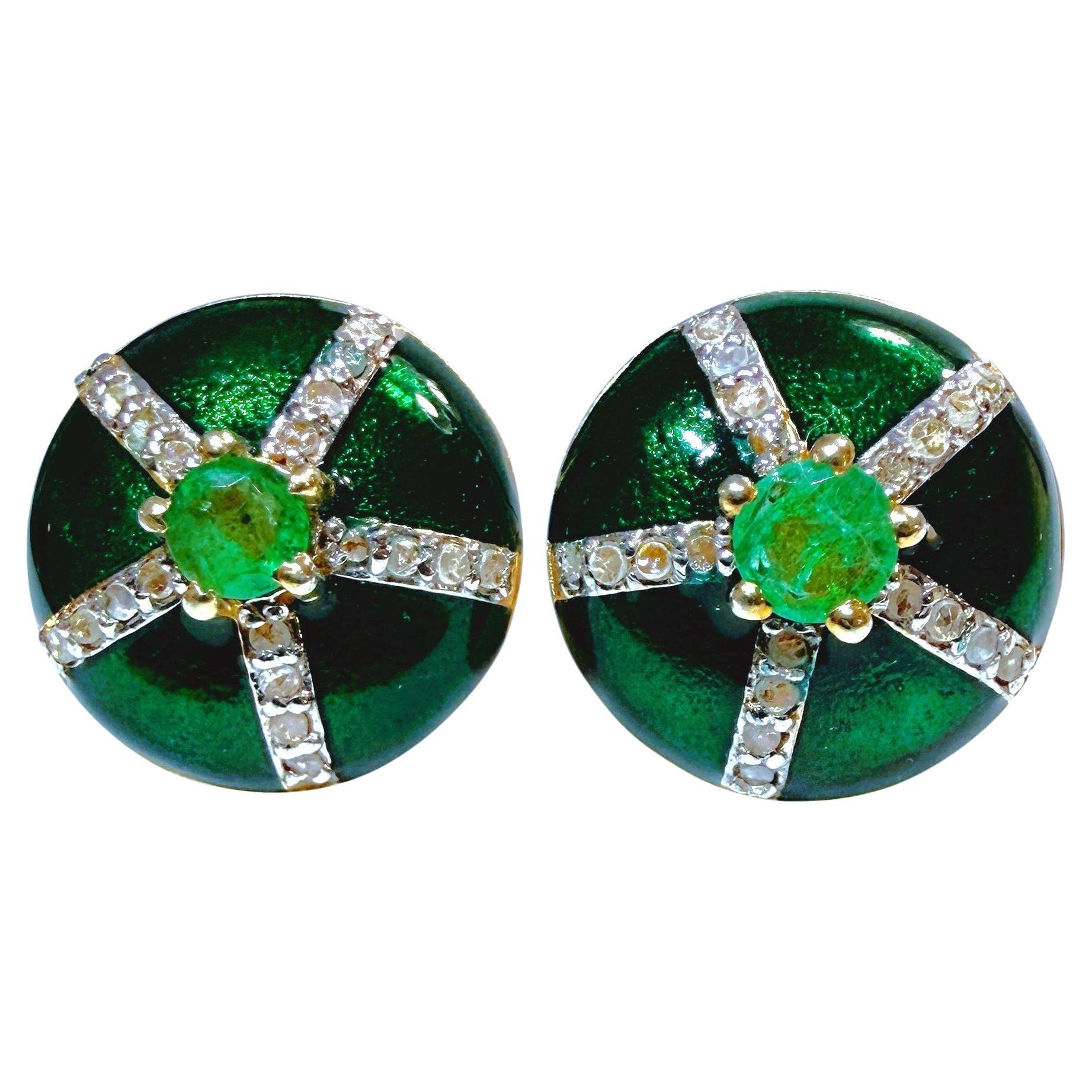 New .50 Carat Emerald 
Diamond Cut Sapphire 
Enamel 14k Gold PL Earrings For Sale