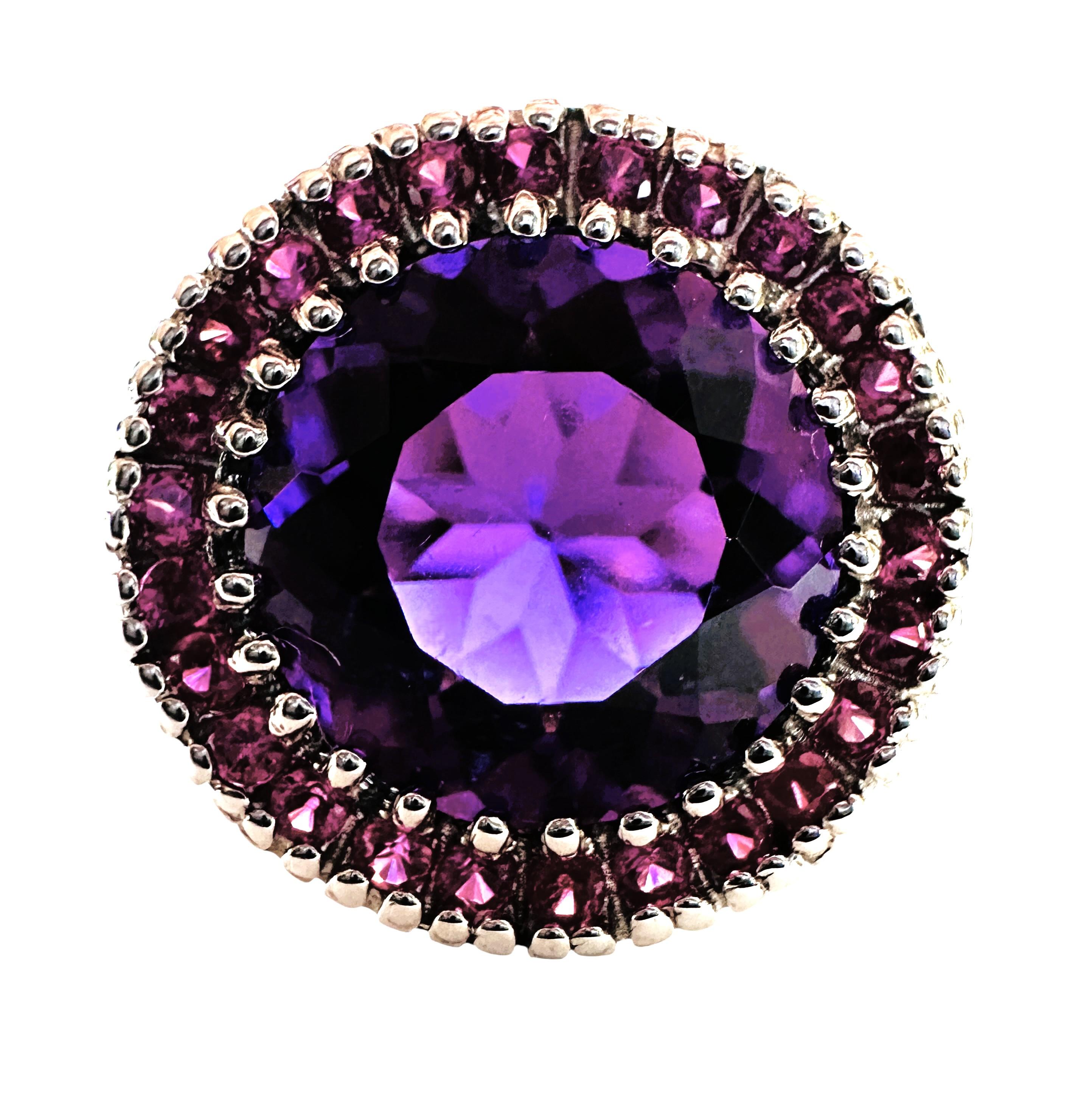 Nuevo Anillo de Plata de Ley con Amatista de 5,05 Quilates y Zafiro Rosa Tallado con Diamante Art Decó en venta