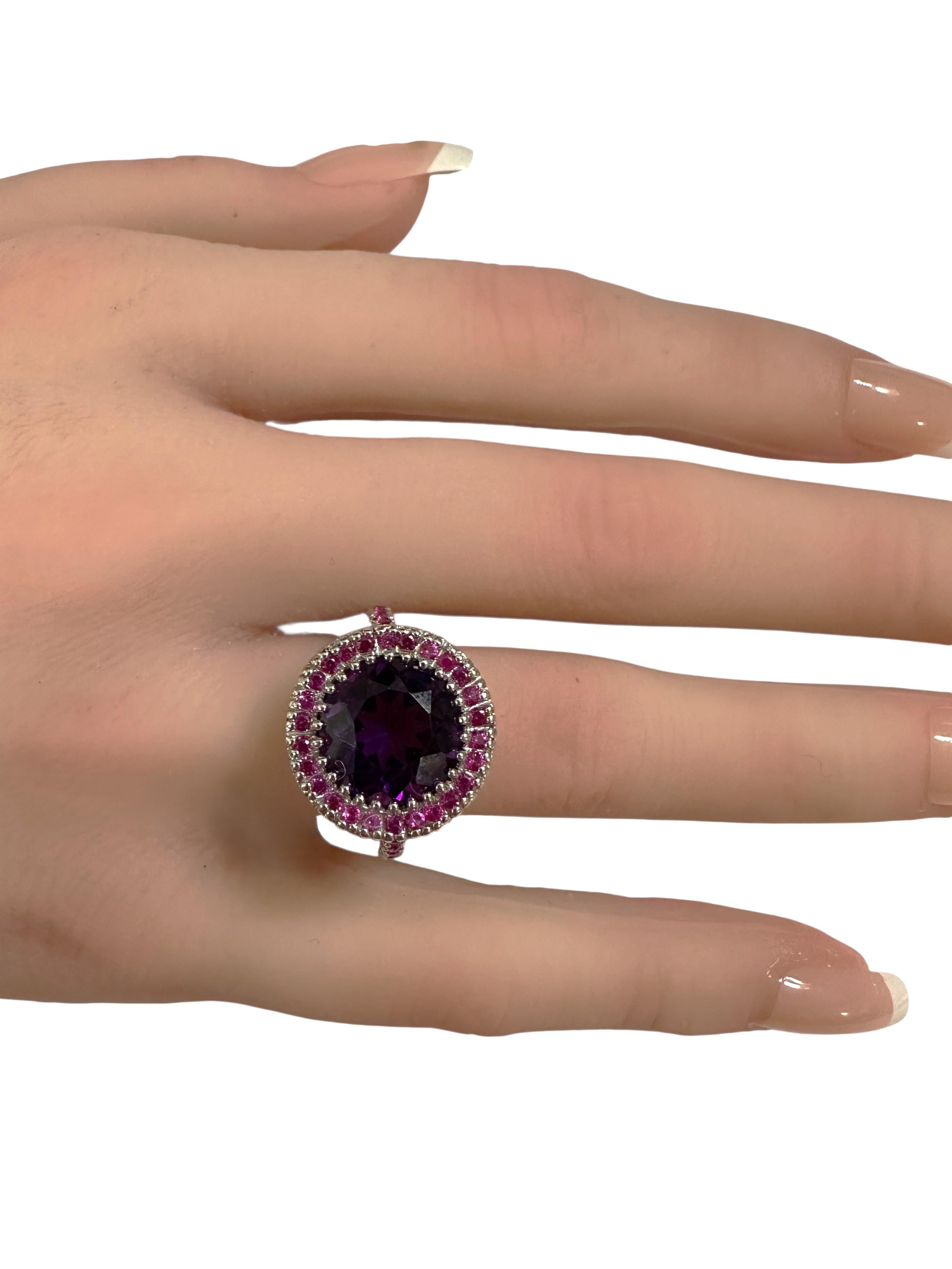 Nuevo Anillo de Plata de Ley con Amatista de 5,05 Quilates y Zafiro Rosa Tallado con Diamante en venta 3