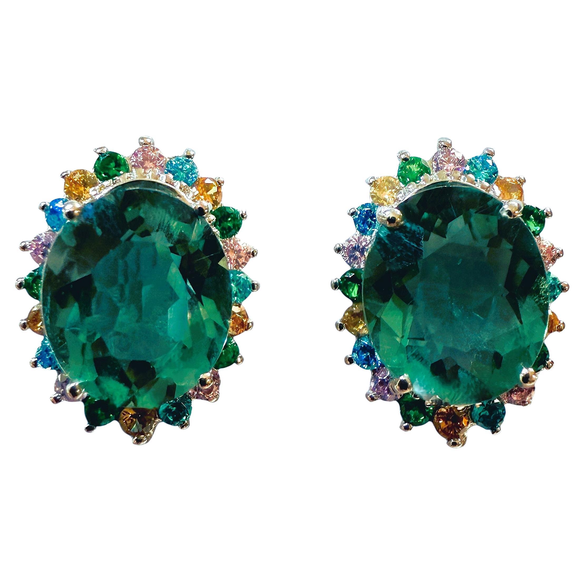 Neu 5,08 Karat Blauer Grüner Turmalin & Saphir mit Diamantschliff Sterling-Ohrringe im Angebot