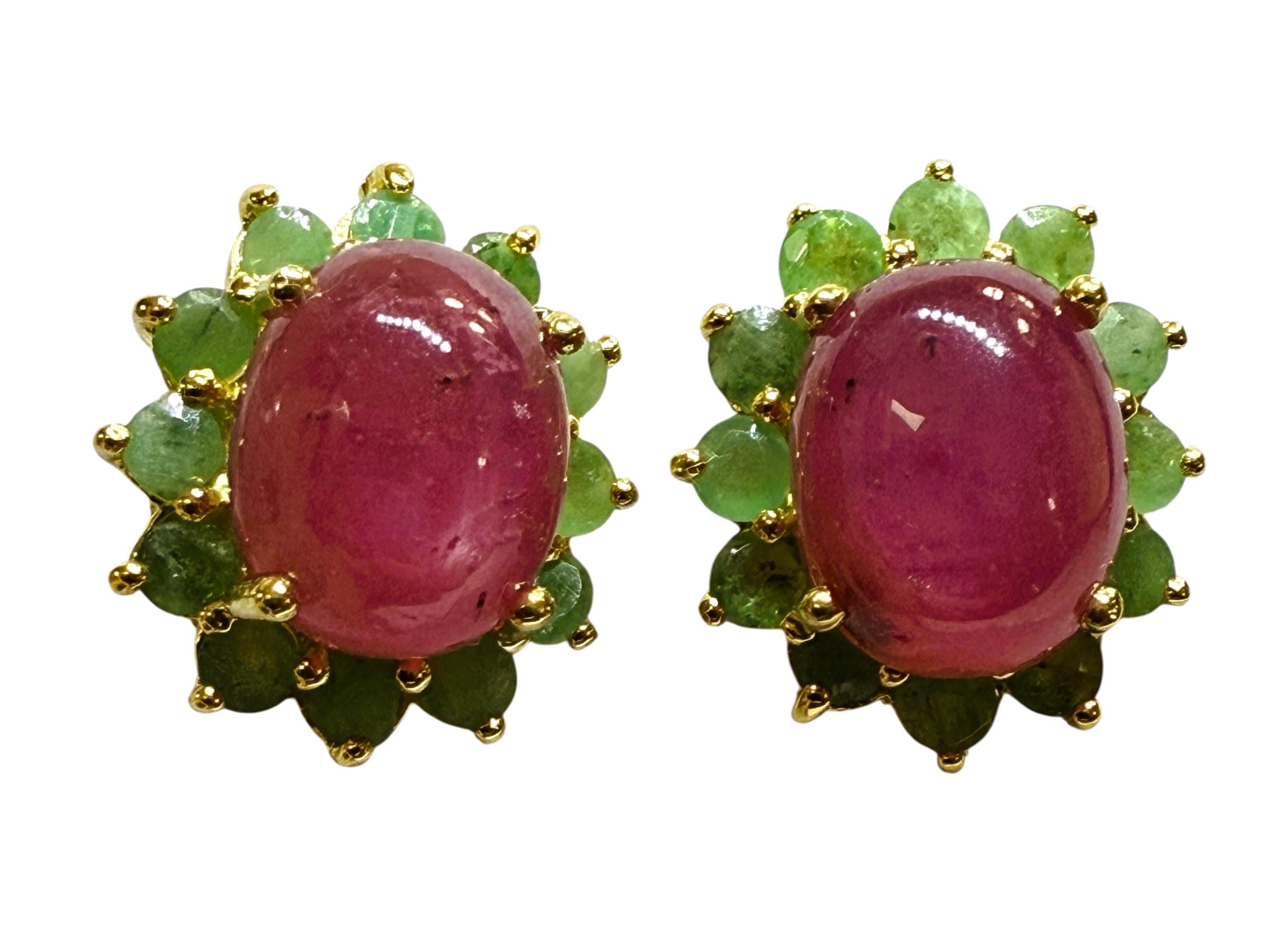 Art déco New 5.08 Carat Red Ruby & Diamond Cut Emerald Yellow Gold PL Sterling Earrings en vente