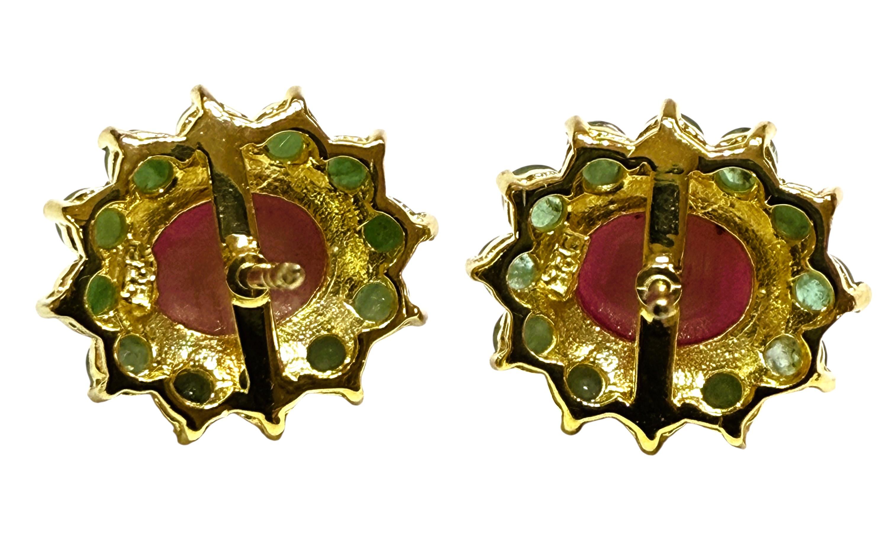 Taille cabochon New 5.08 Carat Red Ruby & Diamond Cut Emerald Yellow Gold PL Sterling Earrings en vente