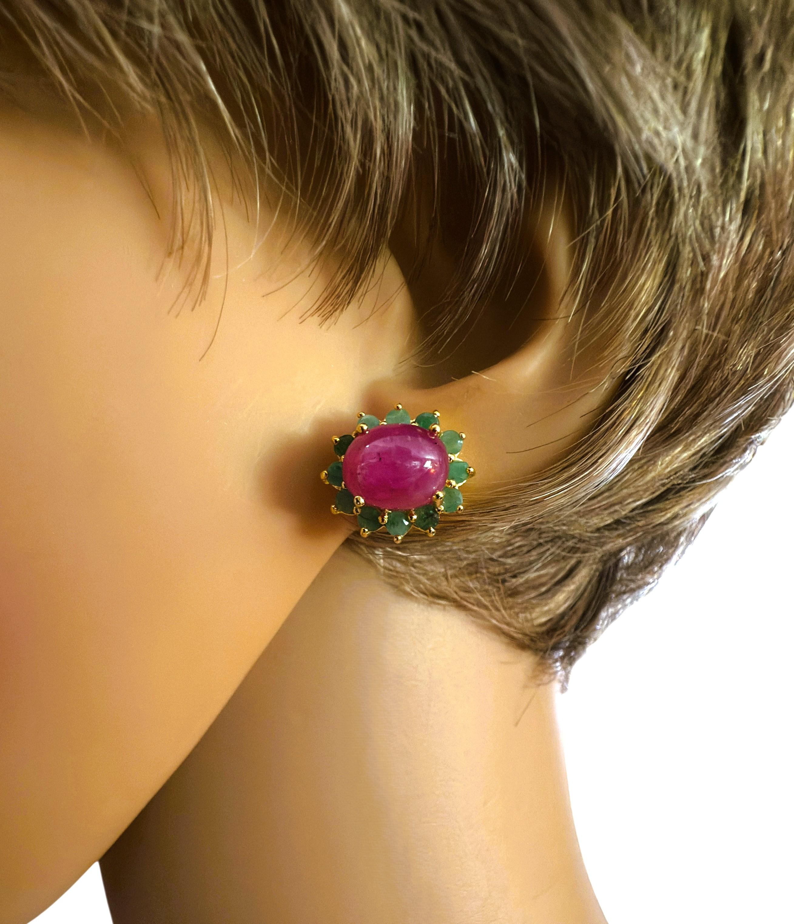 New 5.08 Carat Red Ruby & Diamond Cut Emerald Yellow Gold PL Sterling Earrings en vente 1