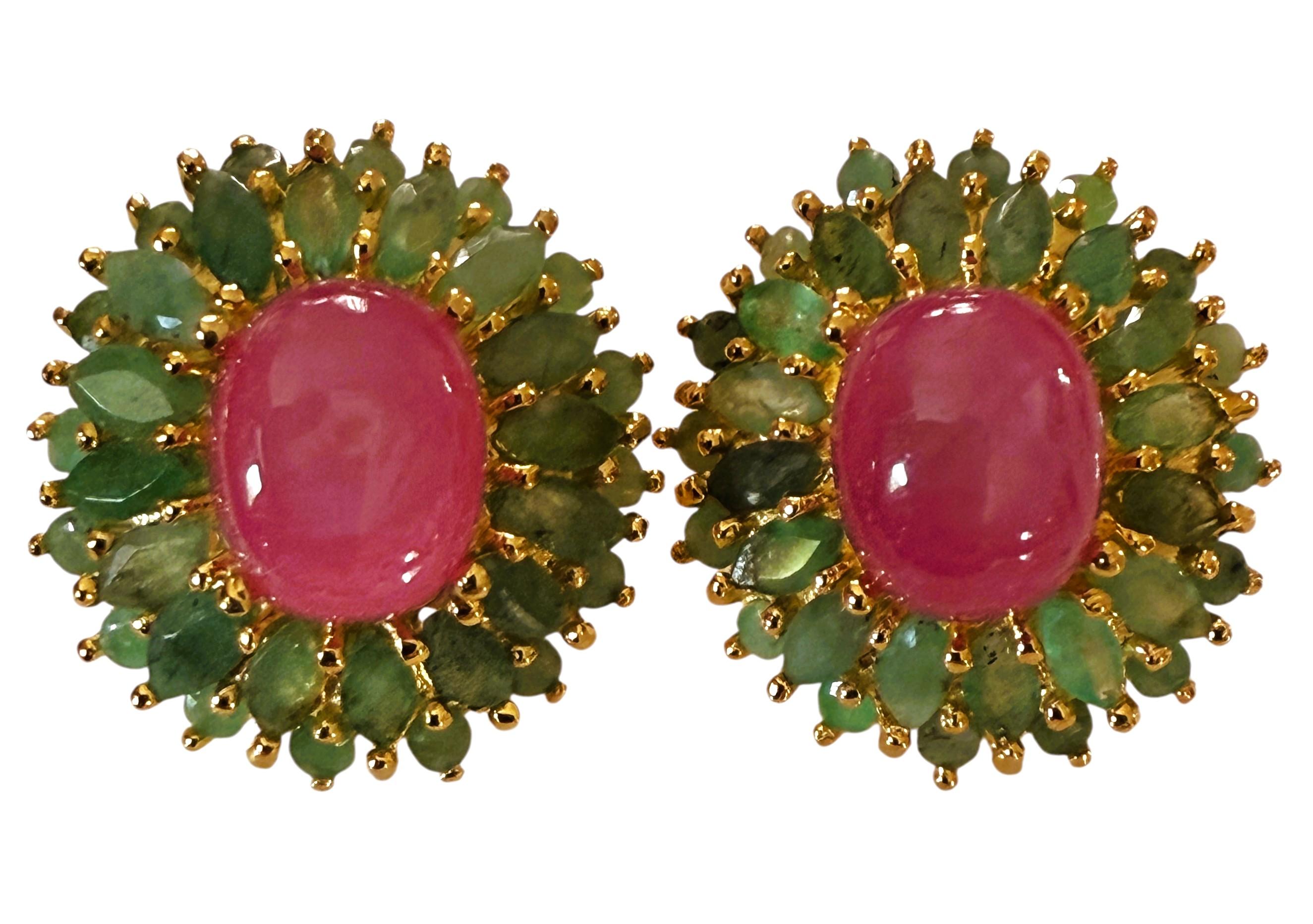 New 5.08 Carat Red Ruby & Emerald Yellow Gold PL Sterling Ruby Earrings en vente 1