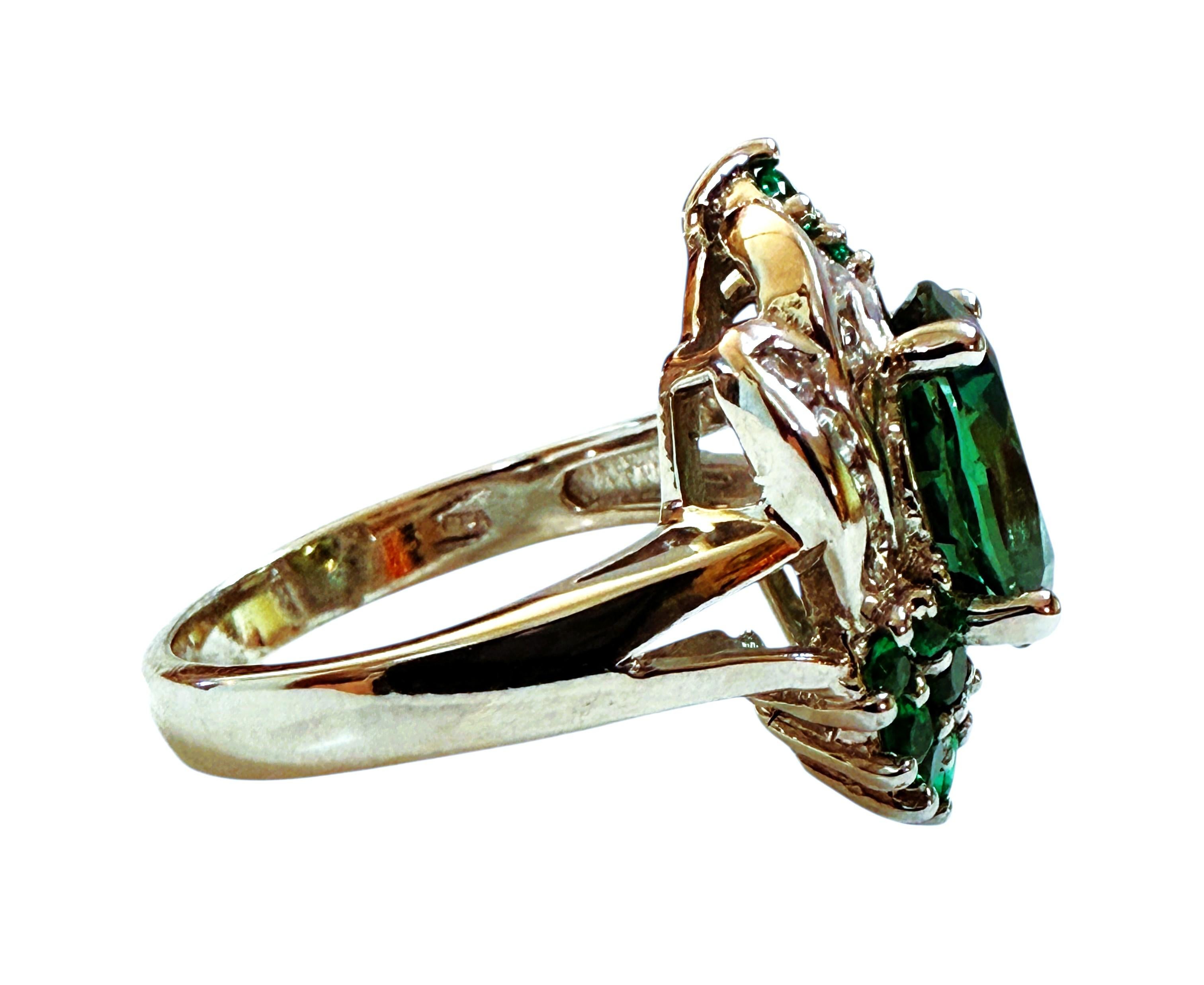 Neu 5.12 Karat Grüner Turmalin & Diamantschliff Tsavorit Sterling Ring im Zustand „Hervorragend“ im Angebot in Eagan, MN