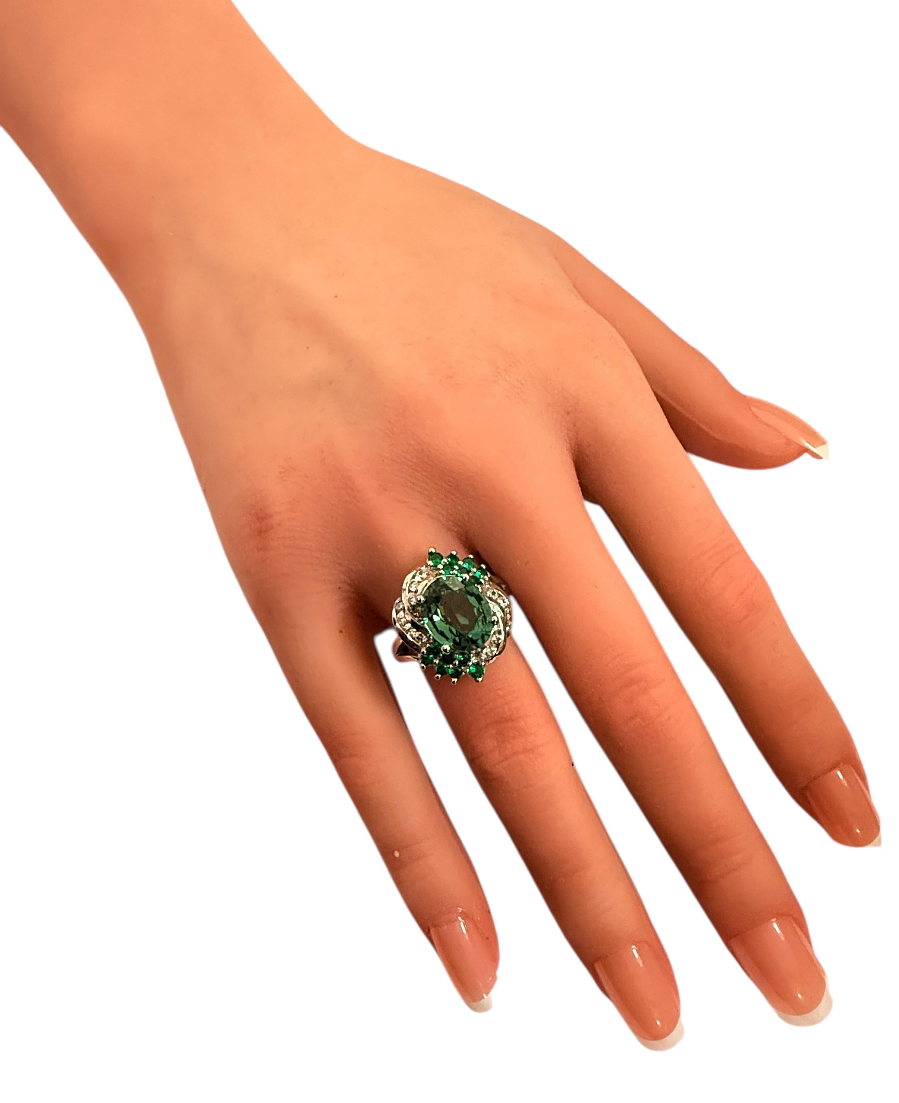 Neu 5.12 Karat Grüner Turmalin & Diamantschliff Tsavorit Sterling Ring Damen im Angebot