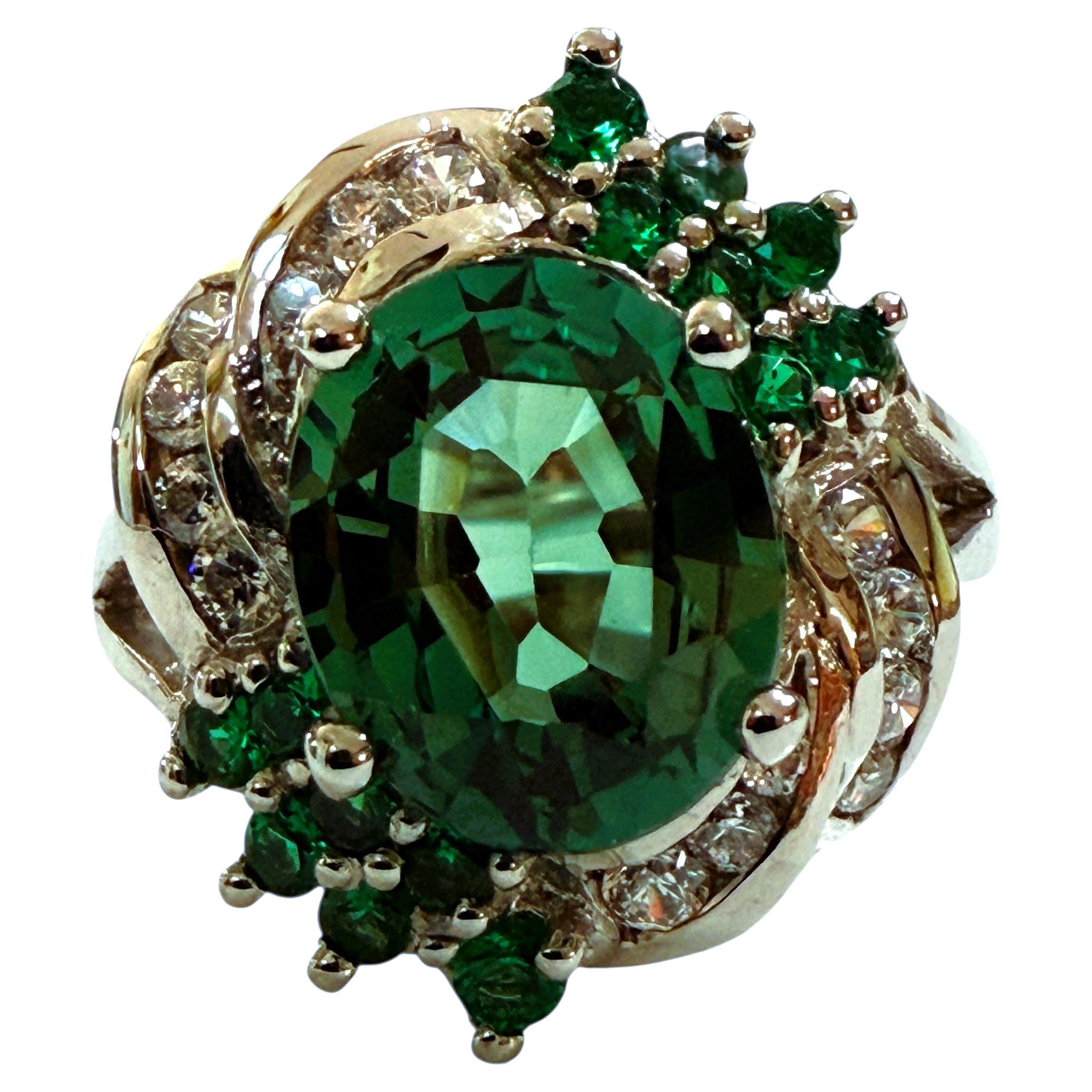 Neu 5.12 Karat Grüner Turmalin & Diamantschliff Tsavorit Sterling Ring im Angebot