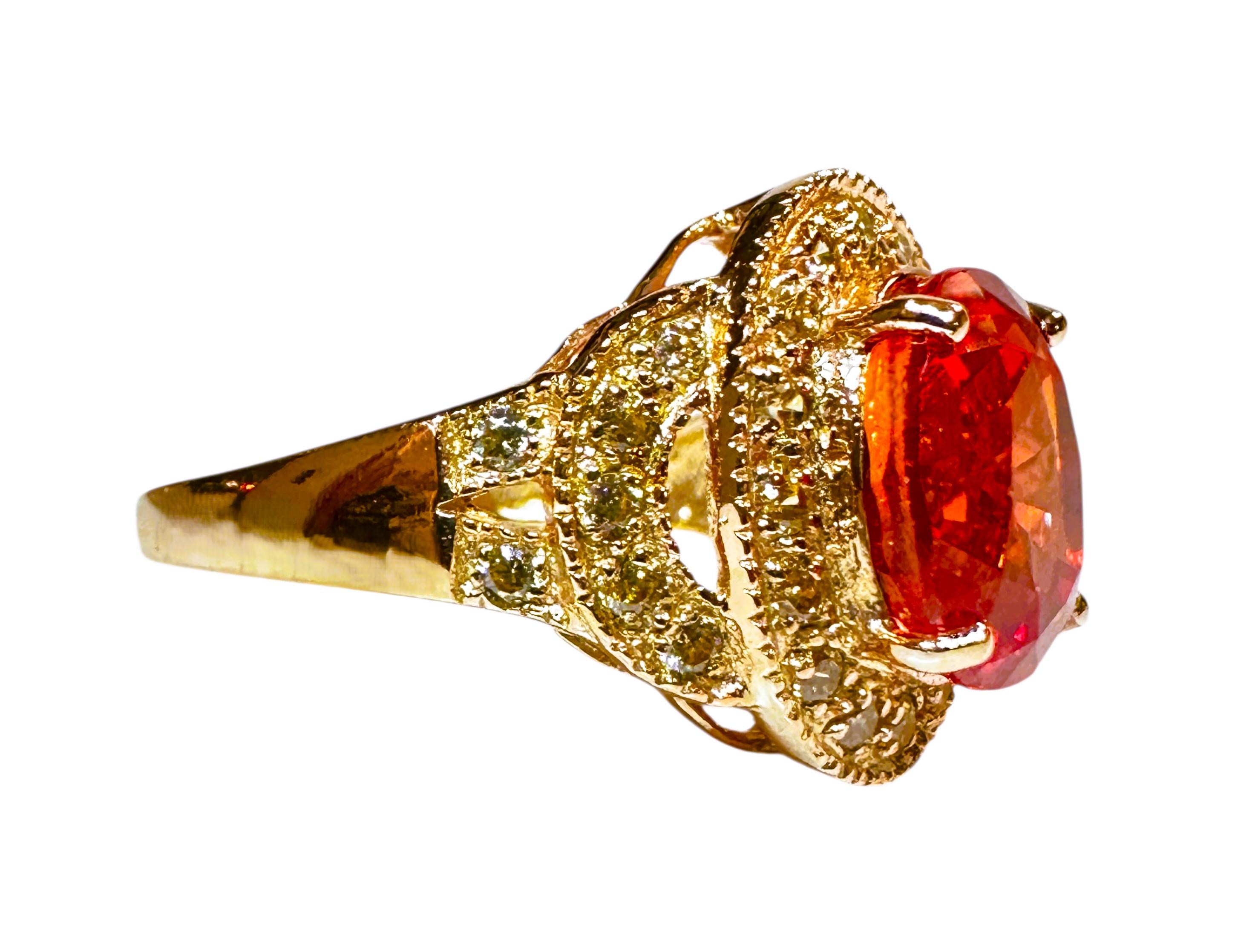 Art Déco New 5.20 Carat Padparadscha & Diamond Cut Sapphire R Gold Pl Sterling Ring in vendita