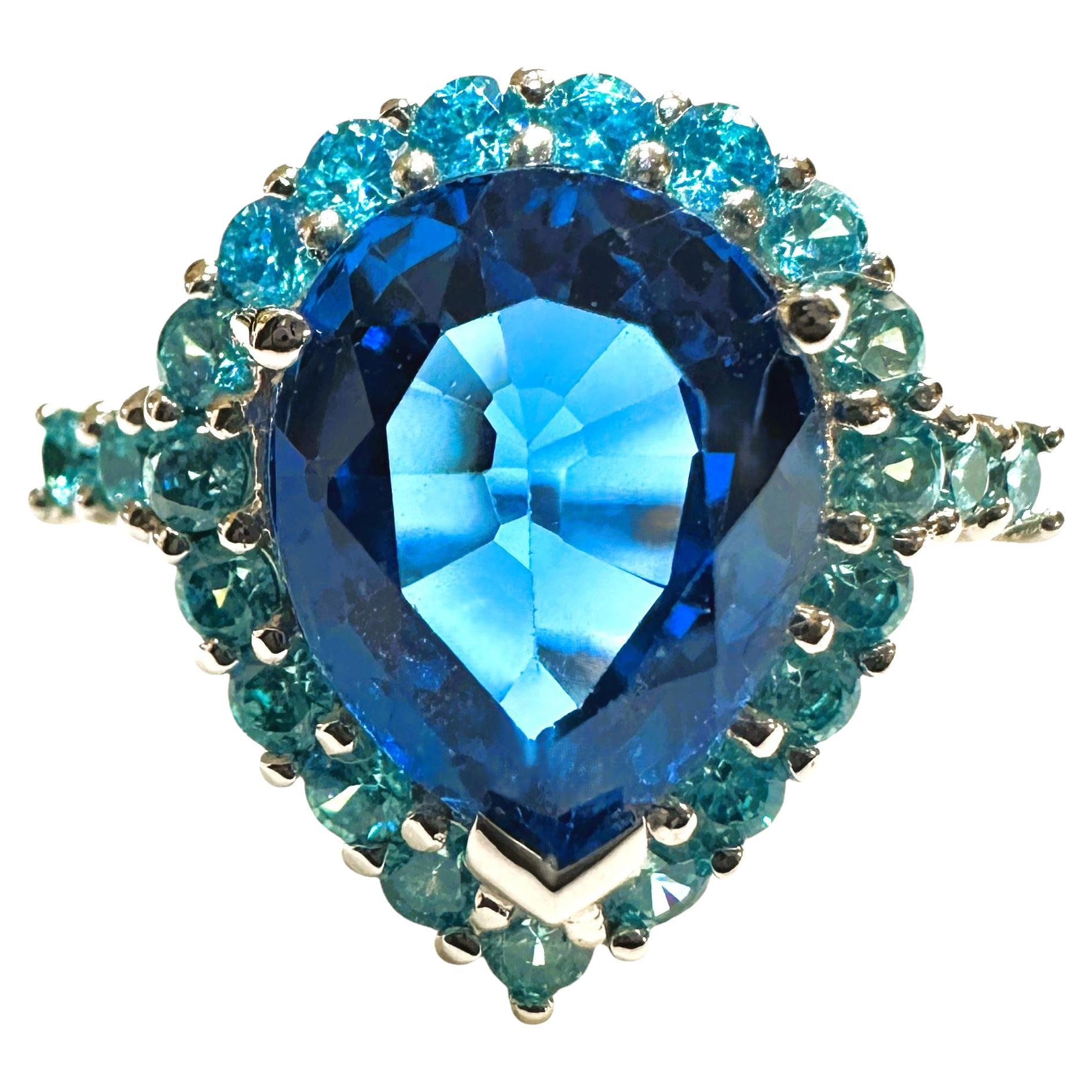 Nuevo Anillo de Esterlina Topacio talla pera de 5,25 quilates y zafiro azul talla diamante