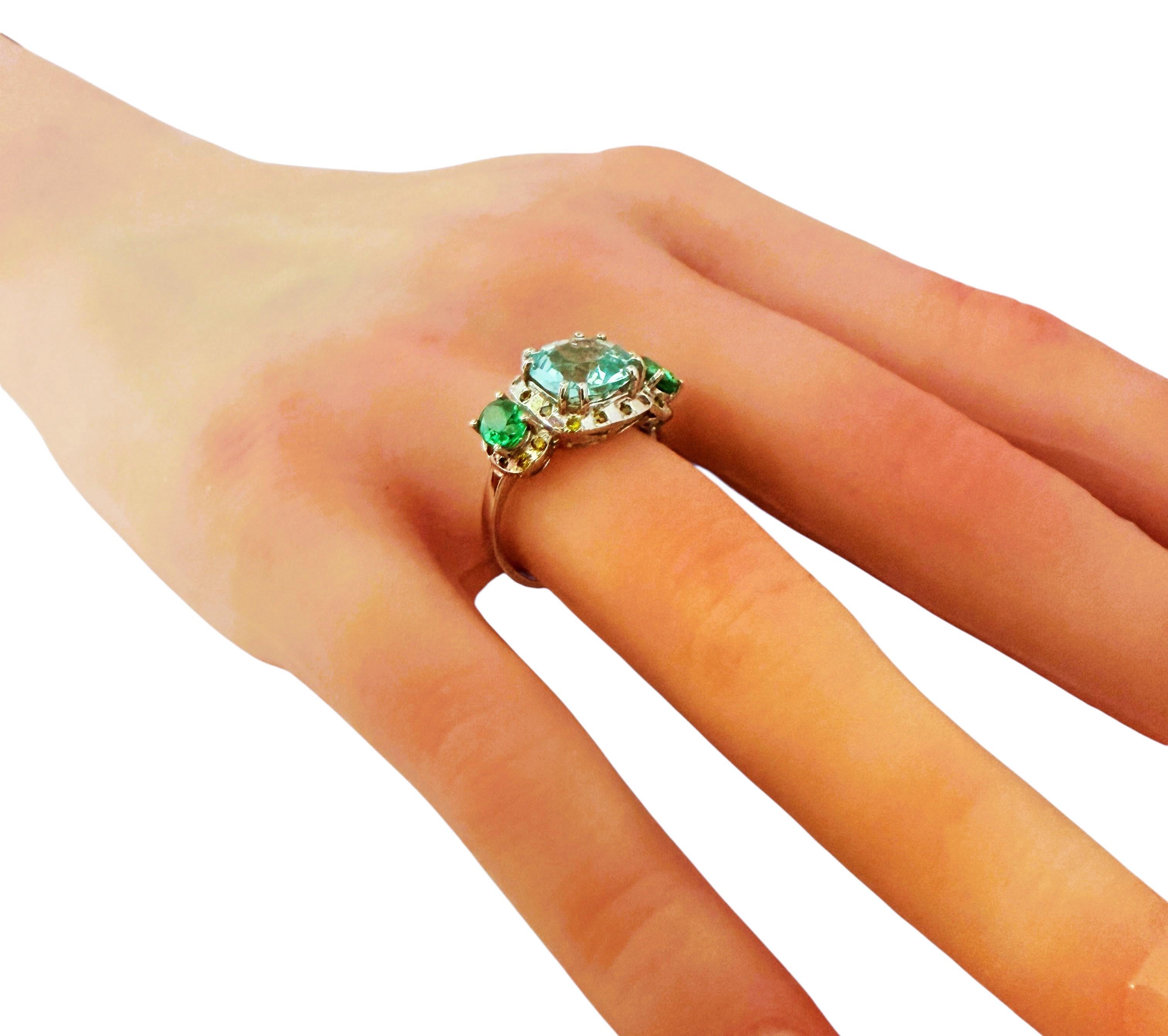 New 5.40 Carat Green Paraiba Tourmaline & Diamond Cut Sapphire Sterling Ring For Sale 2