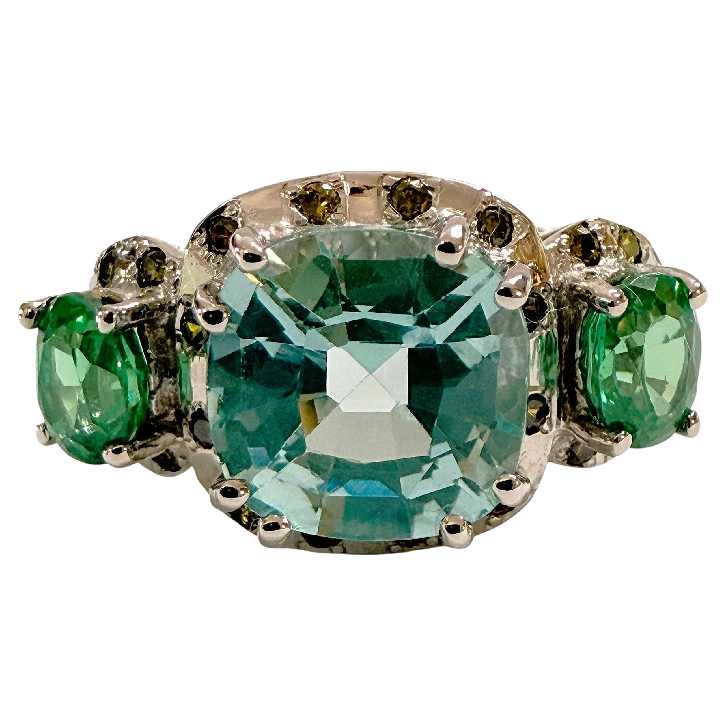 New 5.40 Carat Green Paraiba Tourmaline & Diamond Cut Sapphire Sterling Ring For Sale