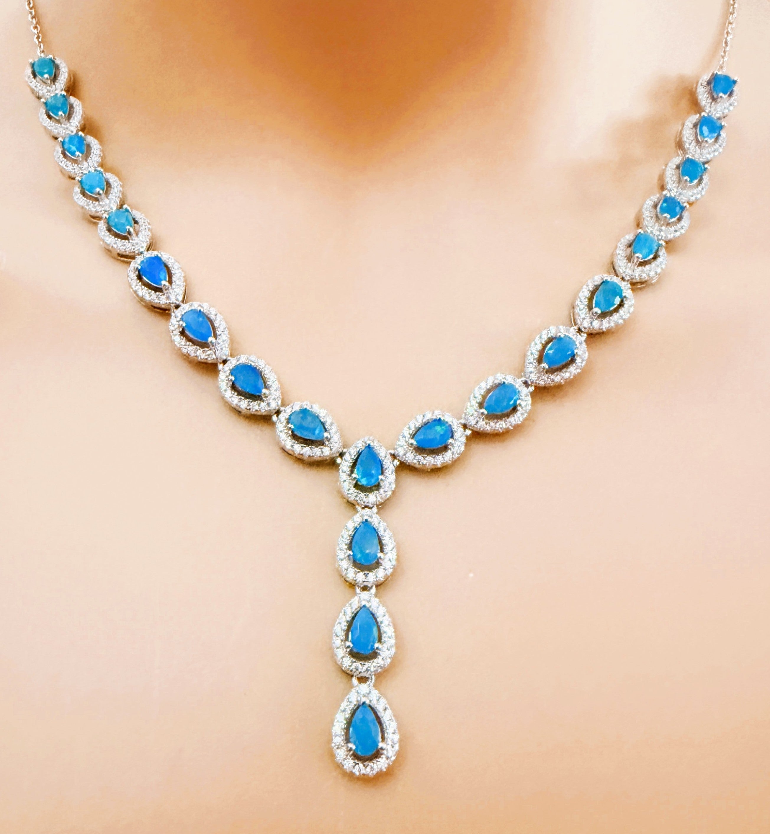 New 5.5 Carat Blue Opal & Sapphire 14k White Gold Sterling Necklace 18-20 Inches