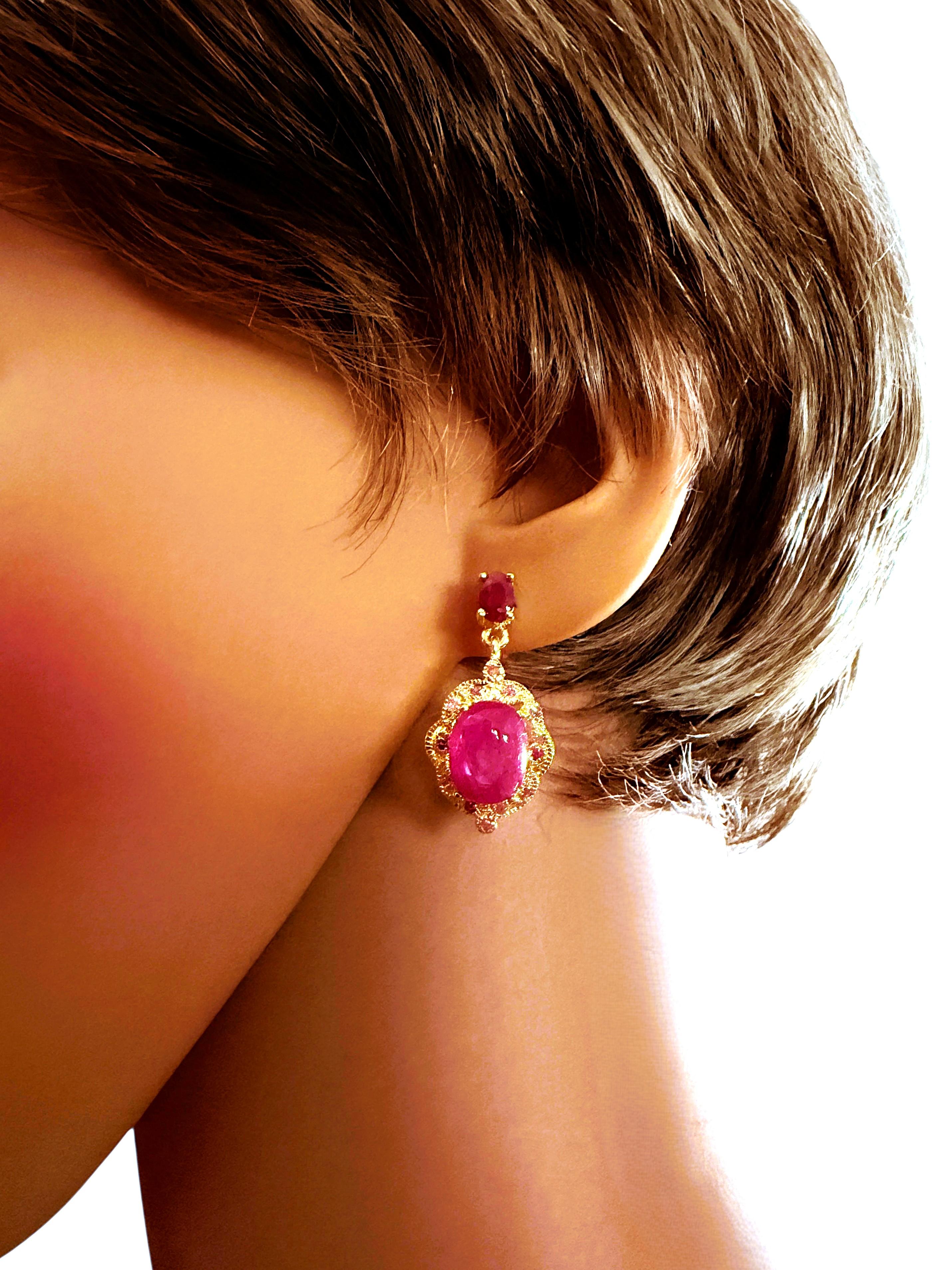 Art déco New 5.78 Carat Red Ruby Cabochon & Oval Cut Ruby 14k Gold PL Sterling Ruby Earrings en vente