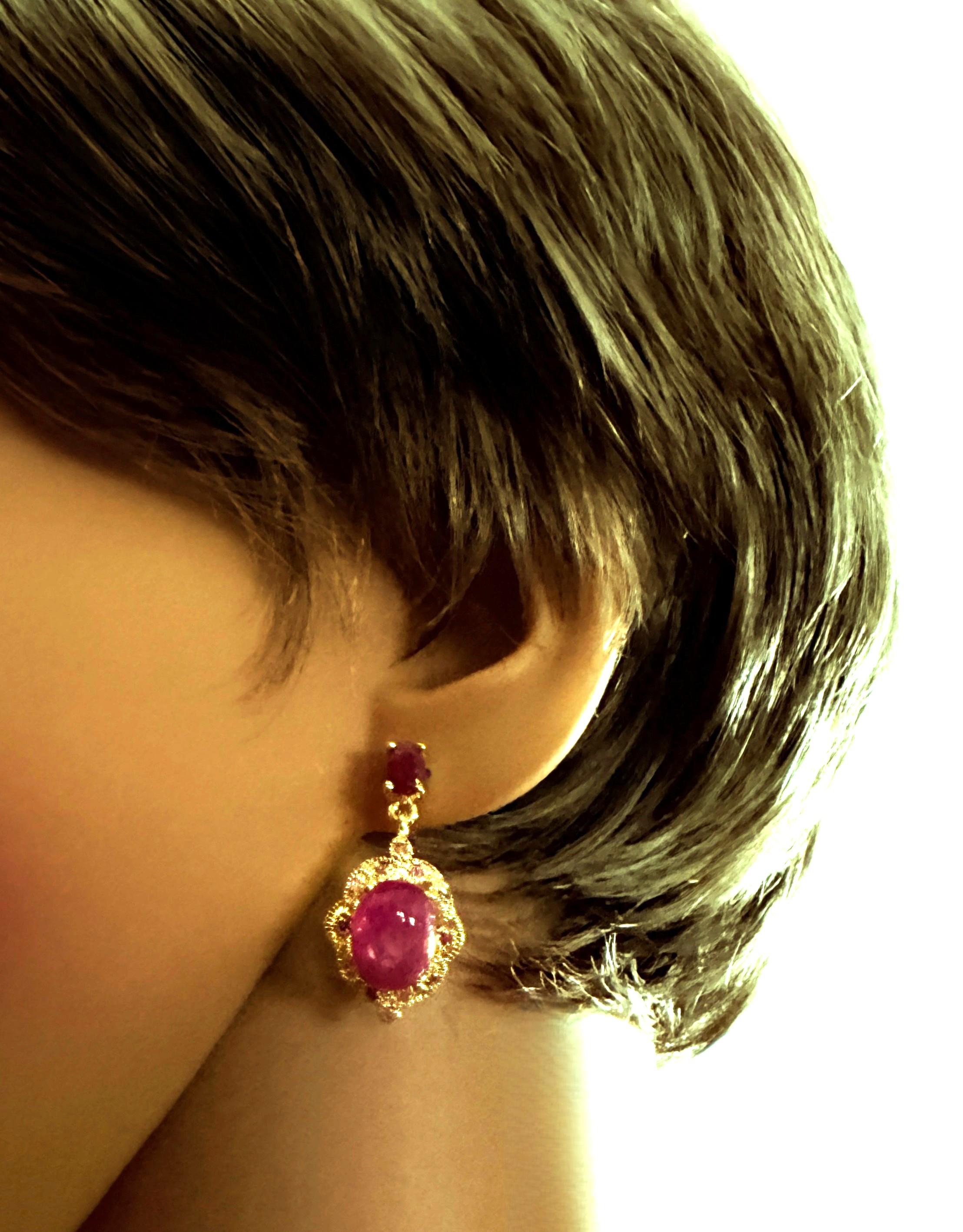 Taille cabochon New 5.78 Carat Red Ruby Cabochon & Oval Cut Ruby 14k Gold PL Sterling Ruby Earrings en vente